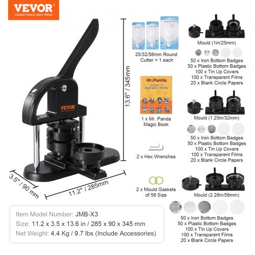 Buttonmaschine, 1/1,25/2,28 Zoll (25/32/58 mm) 3-in-1-Pin-Maker, installationsfreies Badge-Stanzpressen-Set, Buttonherstellungszubehör mit 300 Buttonteilen, Kreisschneider, Zauberbuch | EU