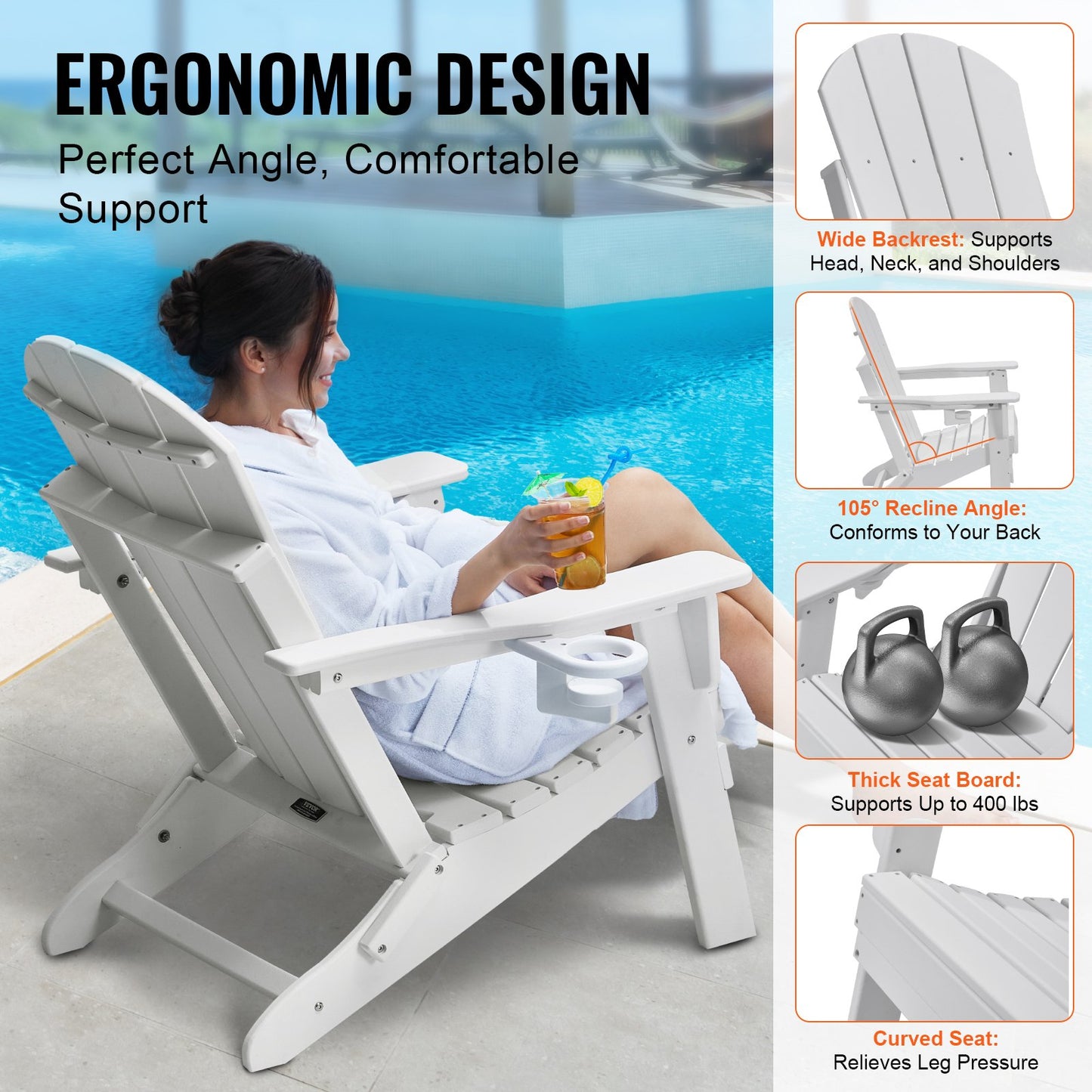 Adirondack Chair Plastic Set of 2 All Weather Folding Fire Pit White