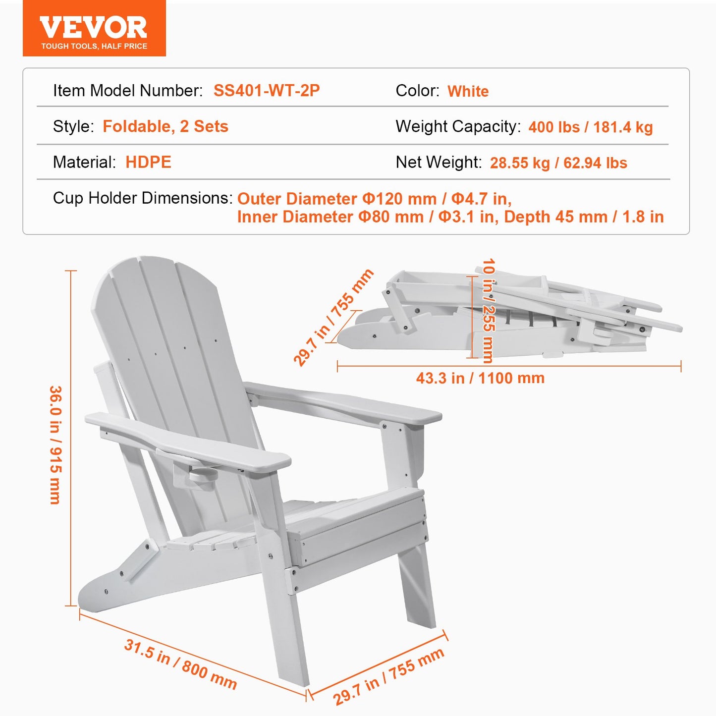 Adirondack Chair Plastic Set of 2 All Weather Folding Fire Pit White