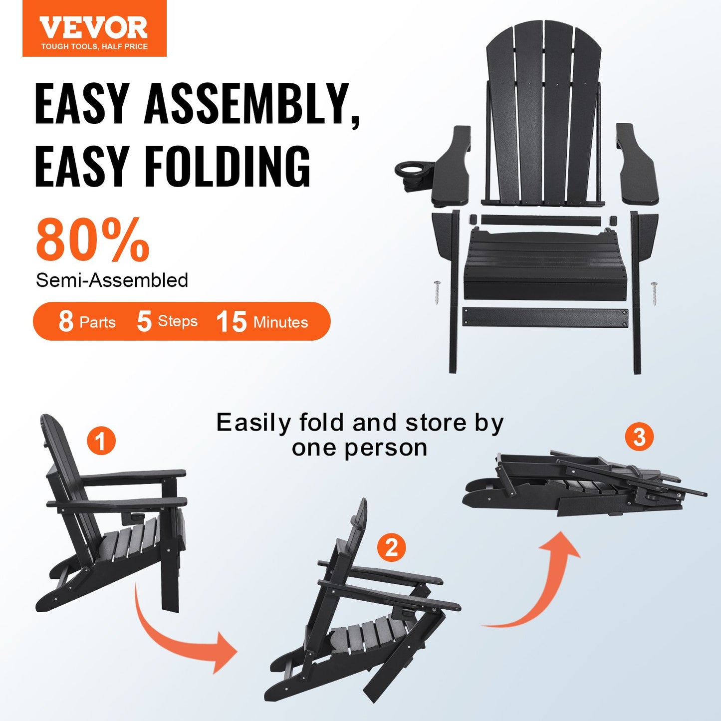 Adirondack Stol Plast Set med 2 All-Weather Folding Fire Pit Black