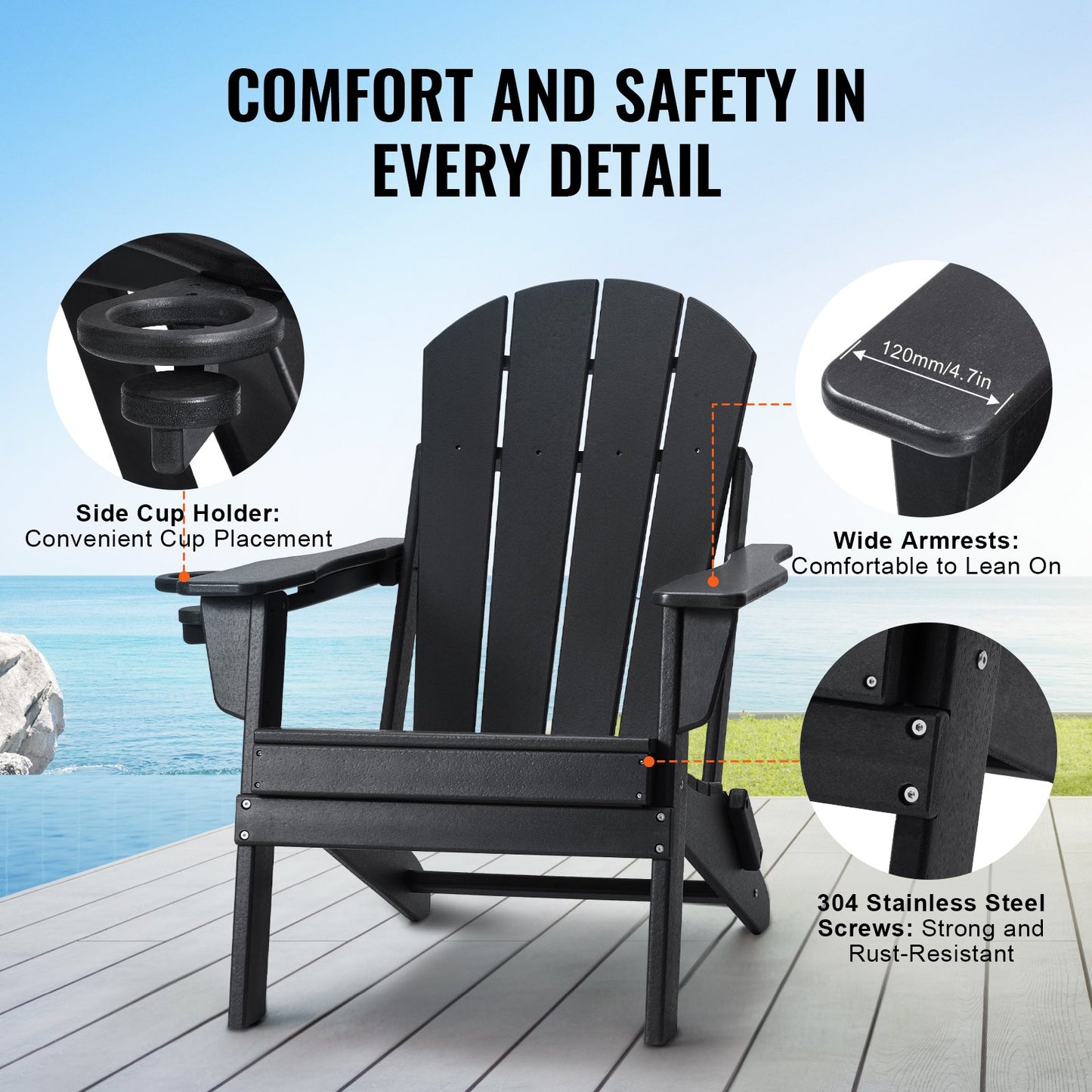 Adirondack Stol Plast Set med 2 All-Weather Folding Fire Pit Black