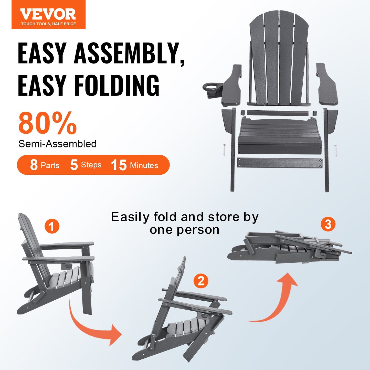 Adirondack Stol Plast Set med 2 All Weather Folding Fire Pit Grey