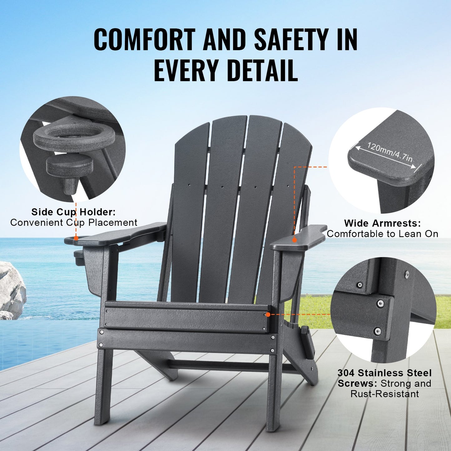 Adirondack Stol Plast Set med 2 All Weather Folding Fire Pit Grey