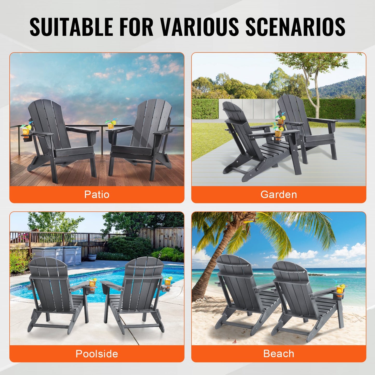 Adirondack Stol Plast Set med 2 All Weather Folding Fire Pit Grey