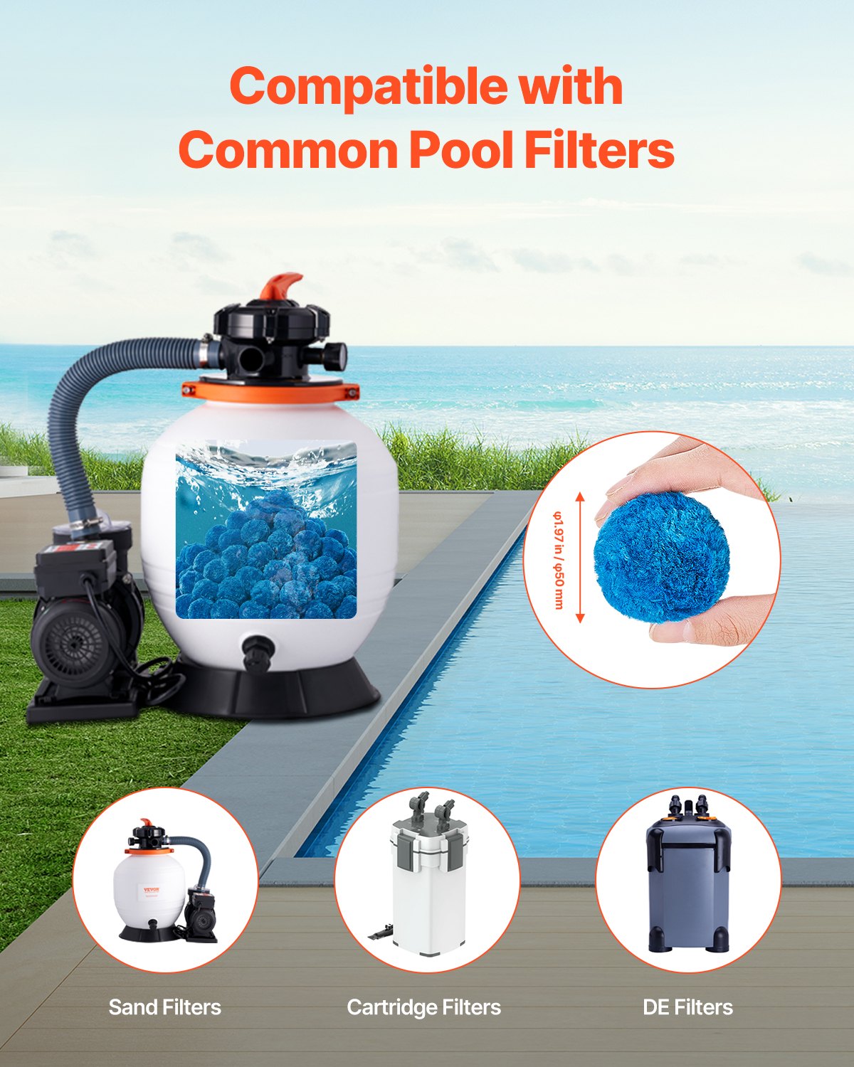 Pool-Filterbälle für Sandfilterpumpe, Pool, 0,7 kg, wiederverwendbar, blau