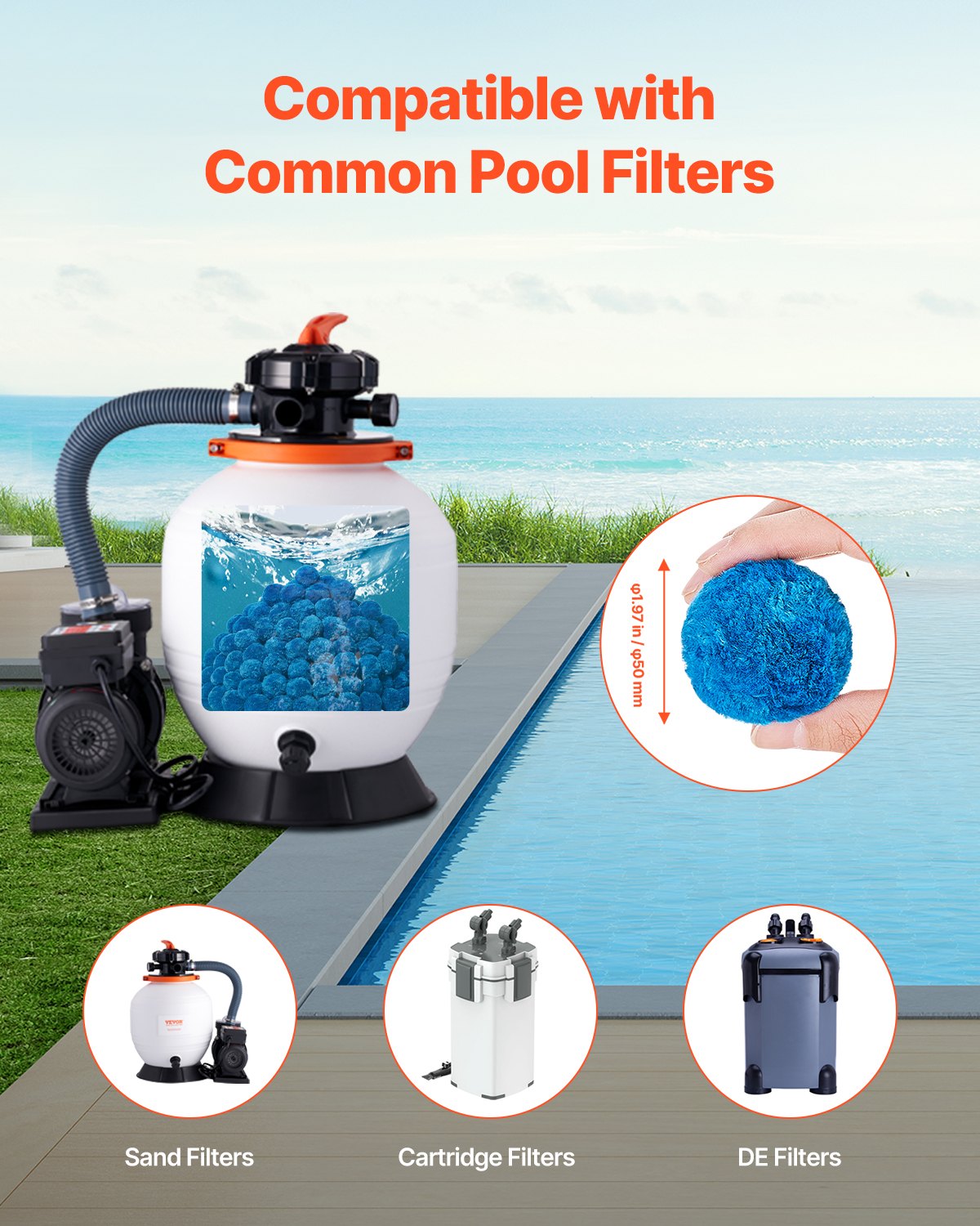 Pool-Filterbälle für Sandfilterpumpe, Pool, 1,8 kg, wiederverwendbar, blau