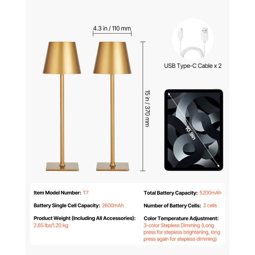 Sladdlös Bordslampa 2-pack 5200mAh Uppladdningsbart Batteri Skrivbordslampa Guld