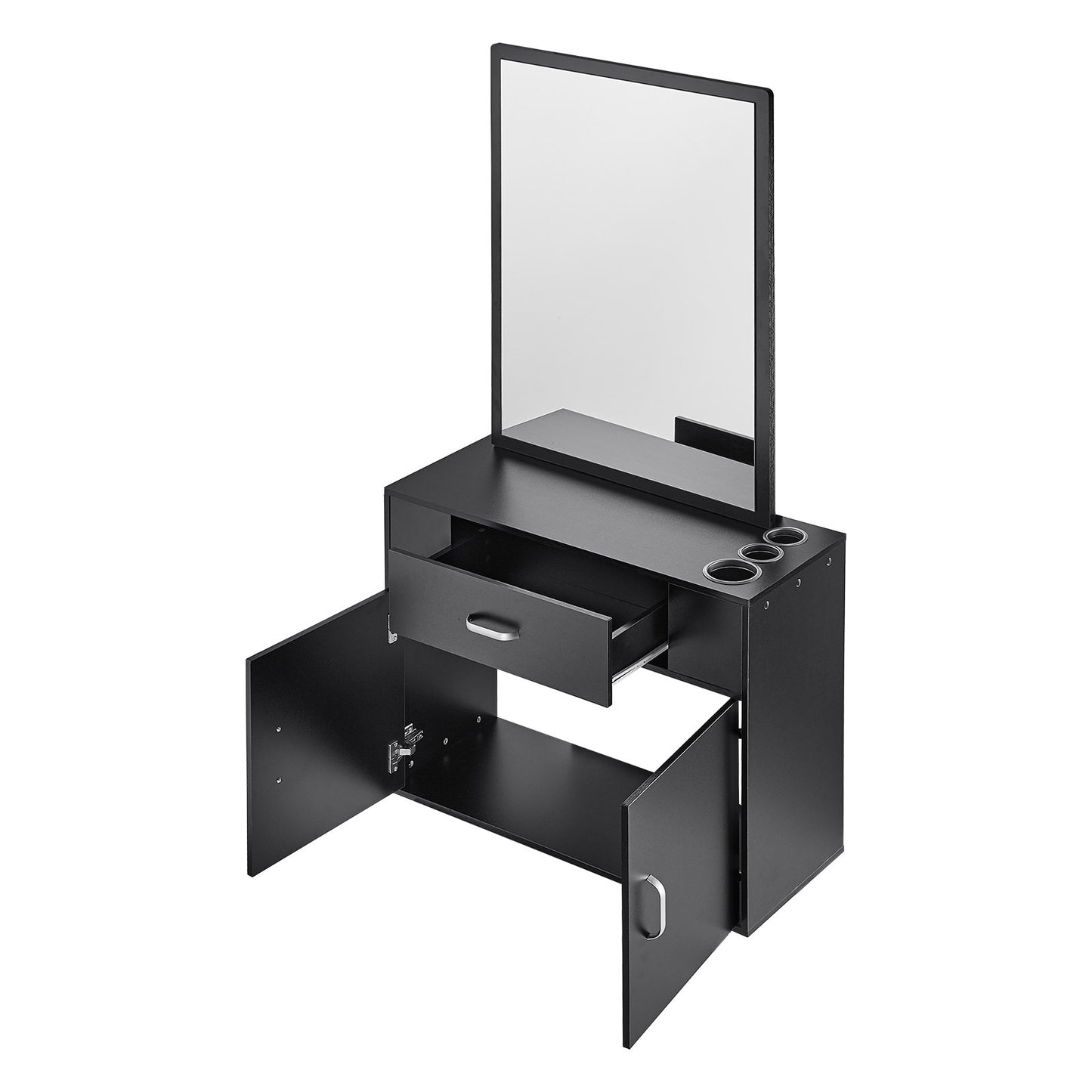 Salon Storage Cabinet, Wall Mounted Hair Salon Station for Barber, Hairdressing Station Set, with 3 Sleeves, a Mirror, Double Door Cabinet and a Drawer, Black