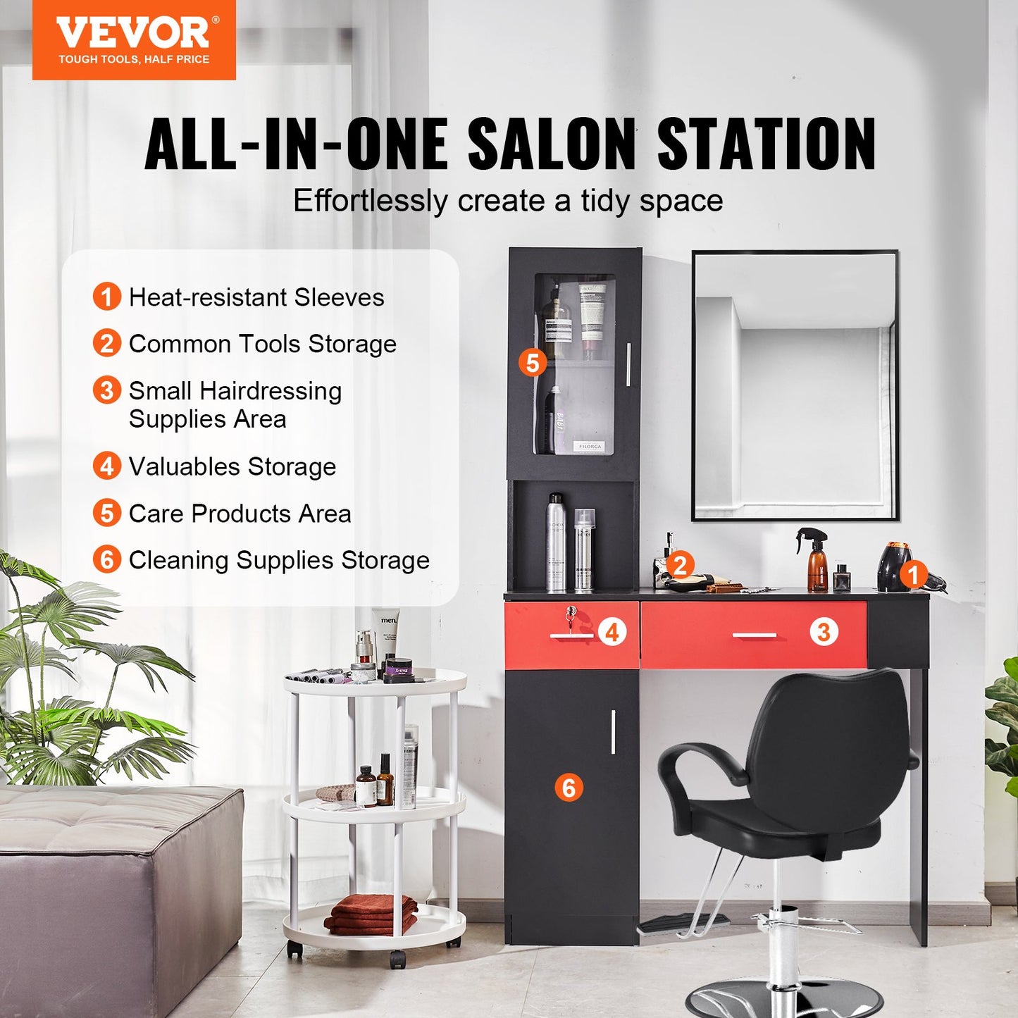 Salong Station, Väggmonterad Frisörsalong Station för frisör, Beauty Spa Möbelset, 1 förvaringsskåp, 3 Cubbies och 2 lådor (en låsbar), svart och röd