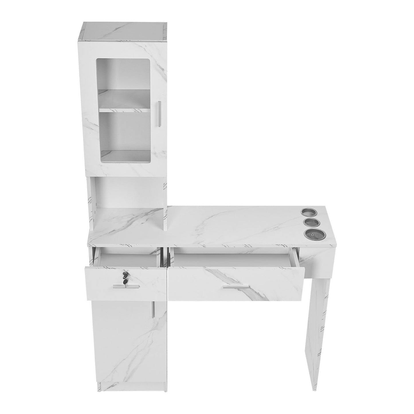 Salon Station, Wall Mounted Barber Salon Station for Hairdresser, Beauty Spa Furniture Set, 1 Storage Cabinet, 3 Cubbies and 2 Drawers (One Lockable), White