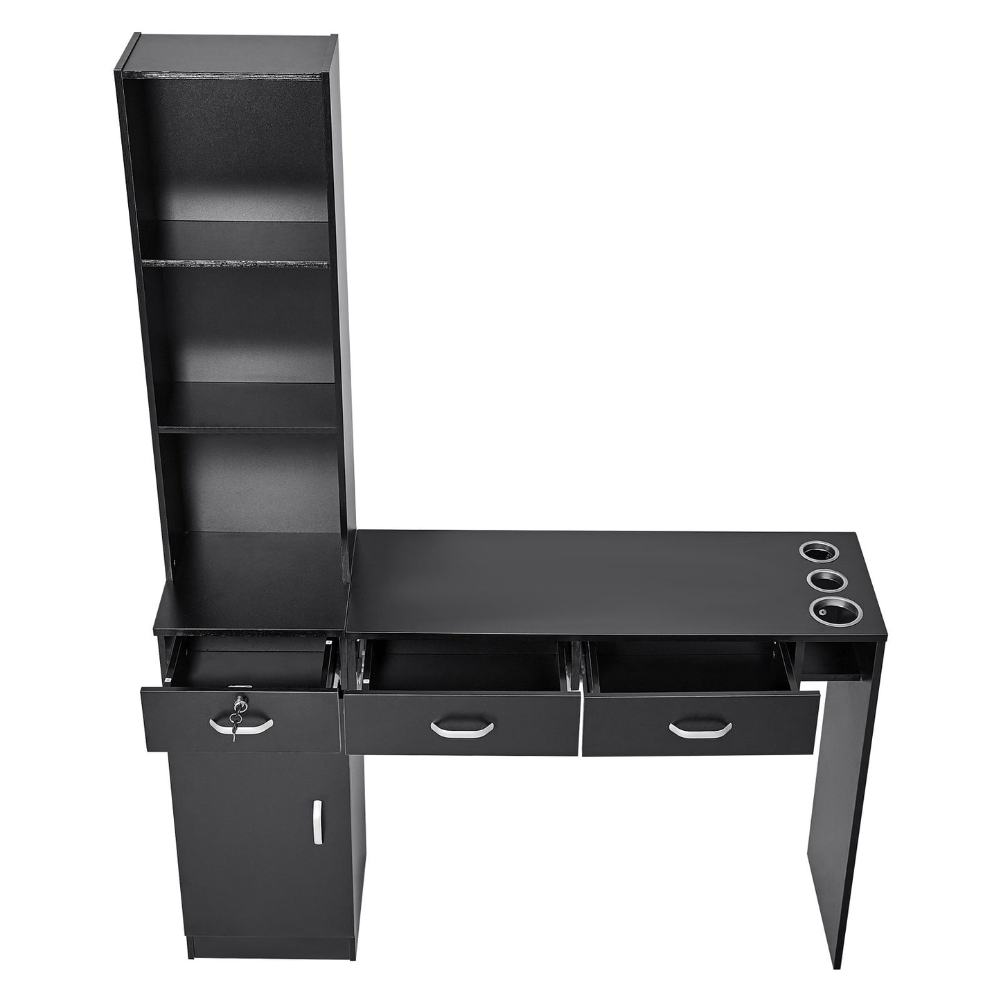 Salon Station, Wall Mounted Hair Salon Station for Barber, Beauty Spa Furniture Set, 1 Storage Cabinet, 3 Open Cubbies and 3 Drawers (One Lockable), Black