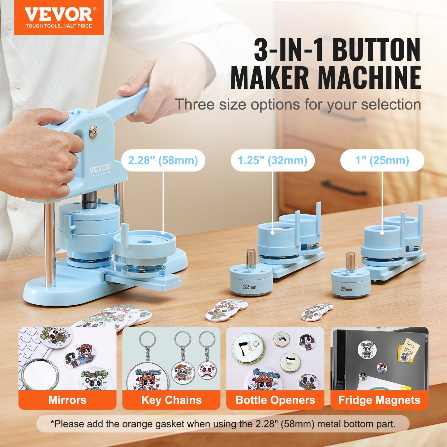Button Maker, 1/1,25/2,28 tum (25/32/58 mm) 3-I-1 Pin Maker, 300st knappdelar, Button Maker Machine med Panda Magic Book, Ergonomiskt båghandtag Punch Press Kit, För barn DIY-presenter, Blå