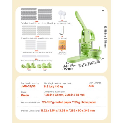 Knappmaskin, 32 mm / 58 mm 2-i-1, Plastnålstillverkare med 200 st knappdelar, Cirkelskärare och Magisk Bok, Förstärkt Ergonomiskt Handtag, För DIY-Brickor, Personliga Nålar, Grön | EU