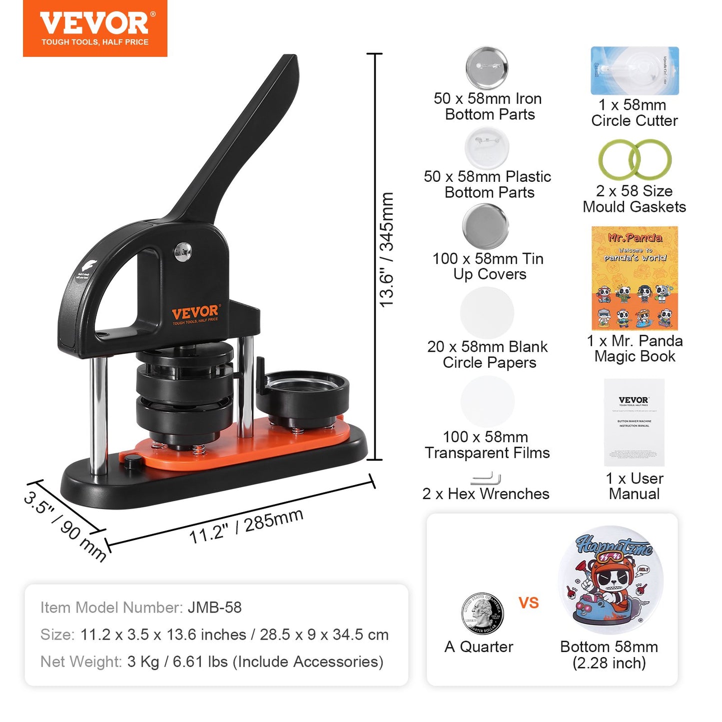 Button Maker Machine, 2,28 tum/58 mm Pin Maker, Installationsfri Badge Punch Press Kit, Barn DIY Gifts Button Making Supplies med 100 st knappdelar, Circle Cutter, Magic Book
