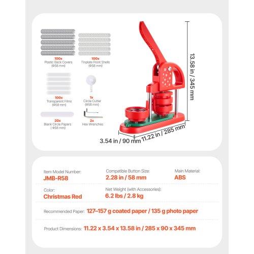 Knappmaskin, 58 mm, Plastnålstillverkare med 100 st knappdelar, Cirkelskärare och Insexnycklar, Förstärkt Ergonomiskt Handtag, För DIY-Brickor, Personliga Nålar och Nyckelringar, Röd | EU