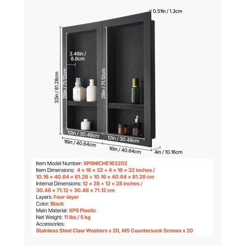 Duschnisch 40,6 x 81,3 + 40,6 x 81,3 cm Infälld vägghylla Badrum | EU