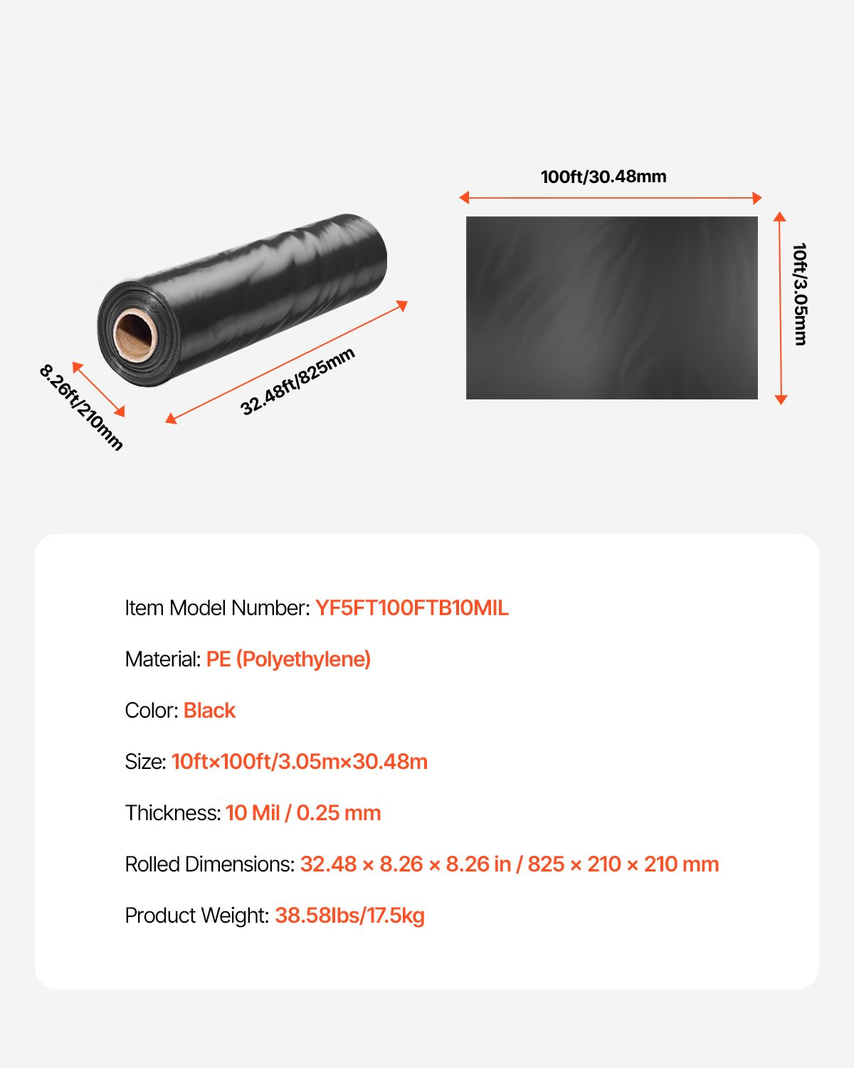 10Mil Plastic Wrap Roll 10 x 100 FT Heavy Duty Polyethylene Black