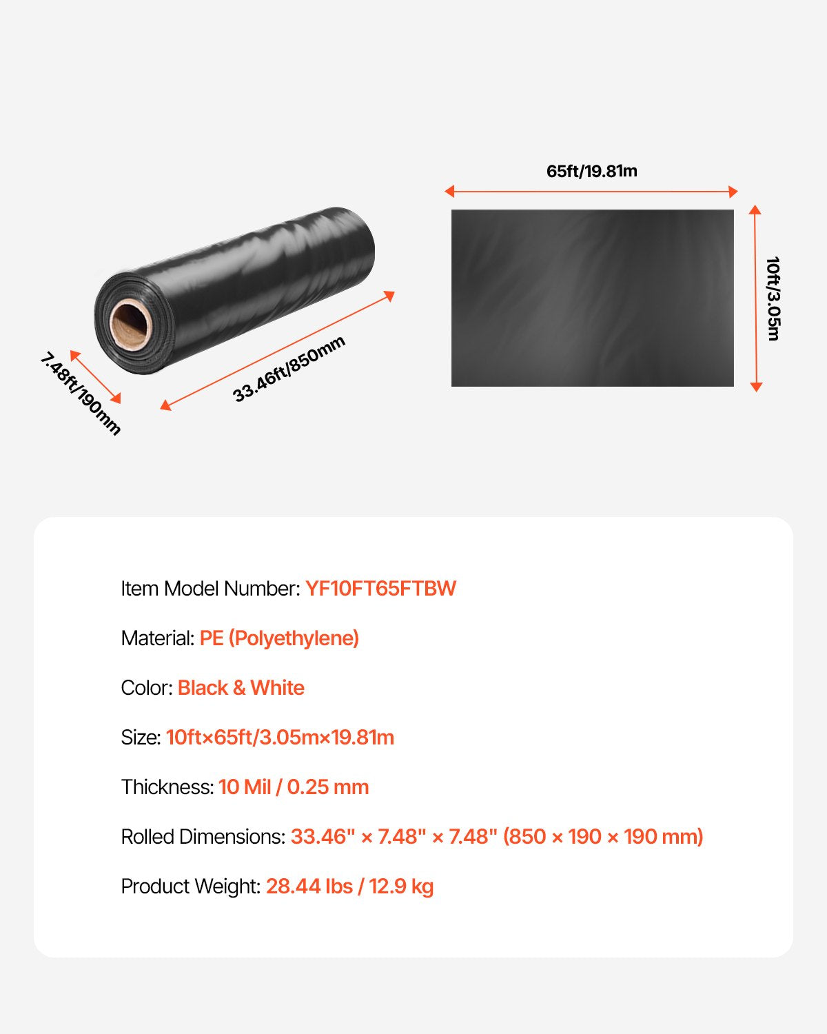 10Mil Plastic Film Roll 10 x 65 FT Heavy Duty Film Black & White