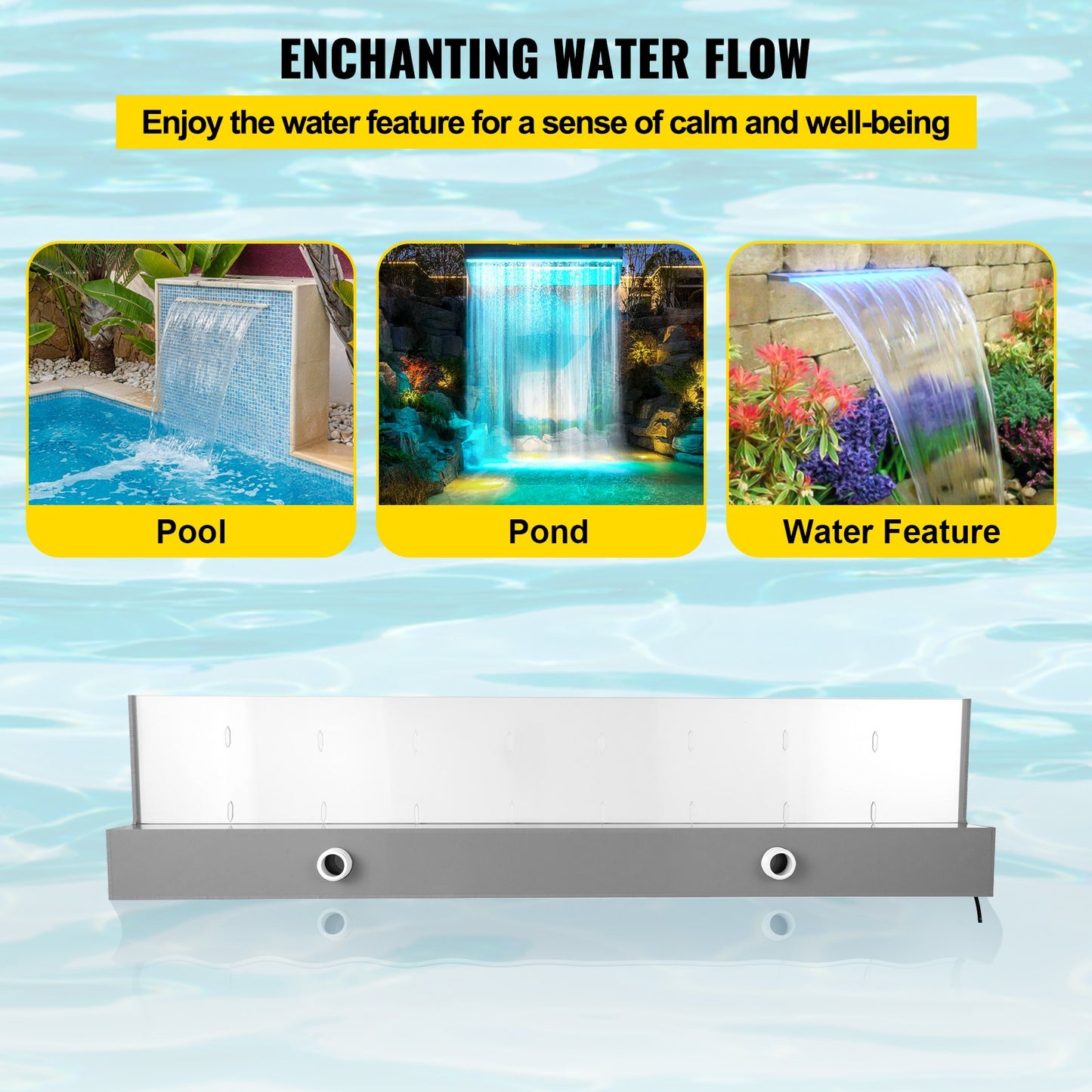 Fountain Spillway 36.2x3.2x8.1 Inch, Pool Waterfall Fountain 17 Colors Led, Pool Water Fall Kit with Remote Control, Pool Spillway Solid Acrylic Pool Waterfall for Garden Pond, Swimming Pool, Square