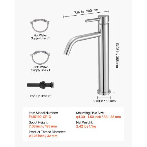 Enkelgreppsblandare, Förkromad Silverfärgad Kökshandfat, Köksvattenblandare med 1 eller 3 hål och tryckknappsavlopp, Lämplig för Badrum, Husbil, Bar, Offentlig Toalett, Högbågsblandare | EU
