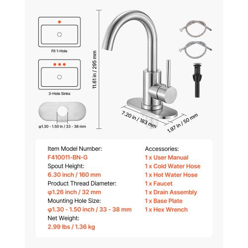 Enkelgreppsblandare för handfat, borstad nickel, enkelgreppsblandare för badrum, köksvattenblandare med stänkskydd, lämplig för badrum, husbil, bardiskho, offentlig toalett, hög pip | EU