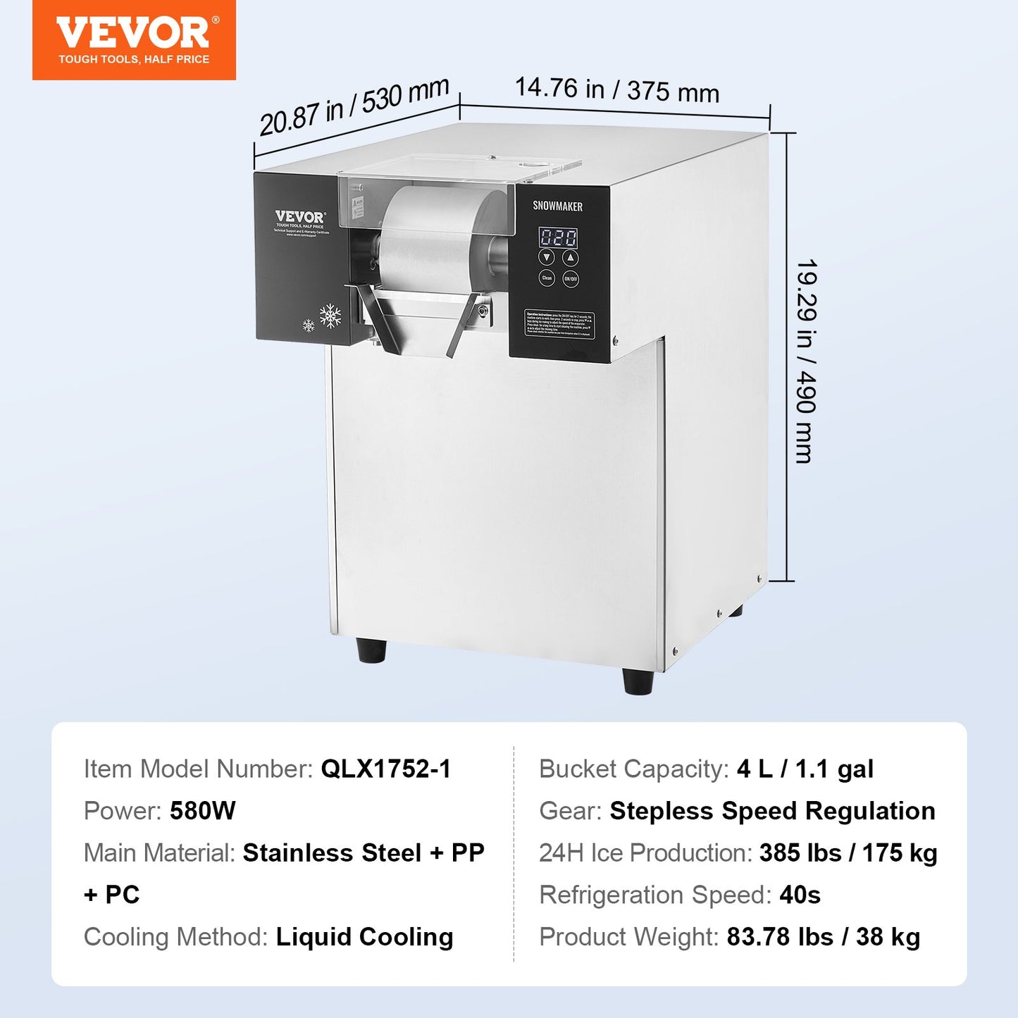 Commercial Snowflake Ice Cream Machine 385LBS/24H Stainless Steel For Ice Cream