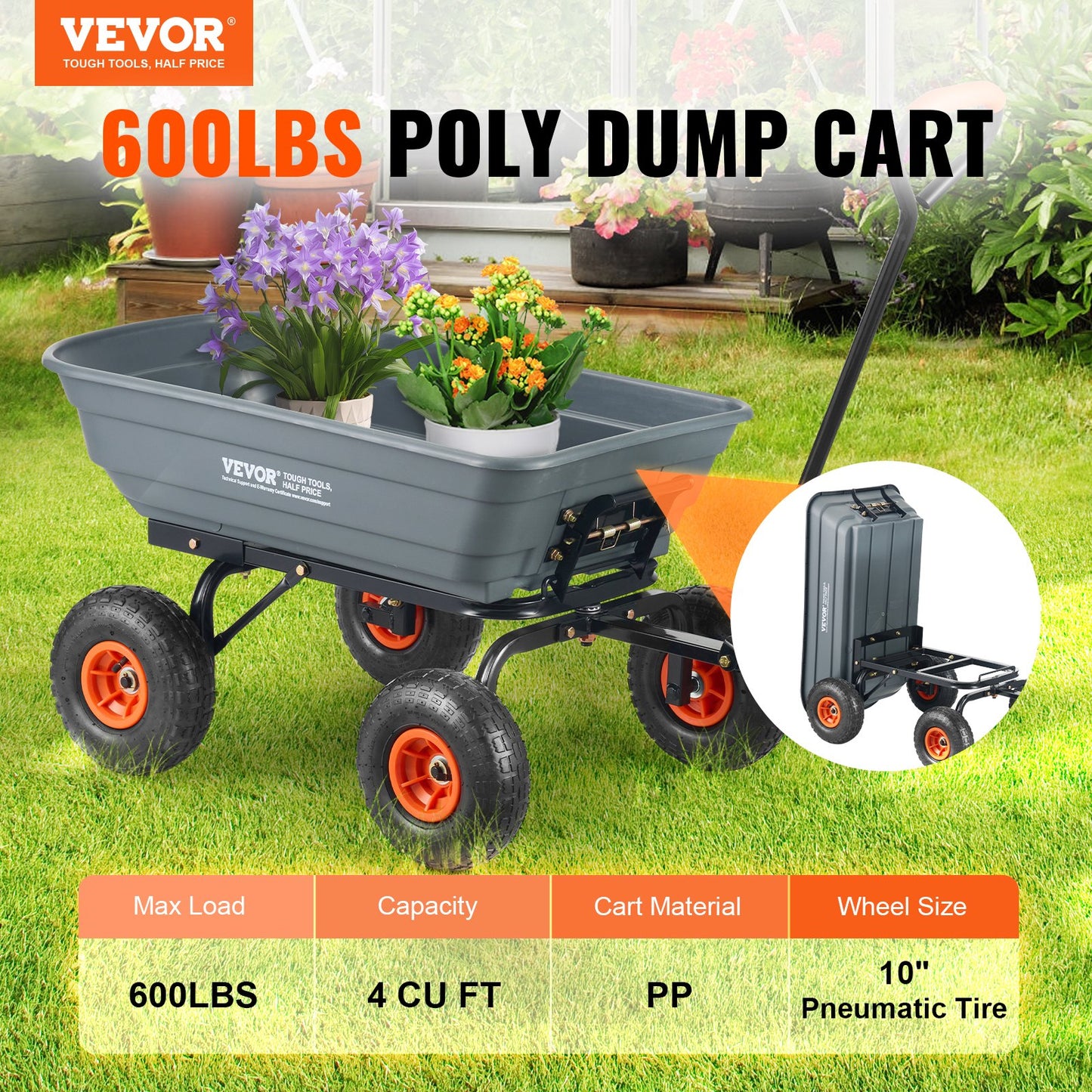 Poly Garden tippvagn Kraftiga gårdsvagnar och vagnar 4 cu.ft 600 lbs