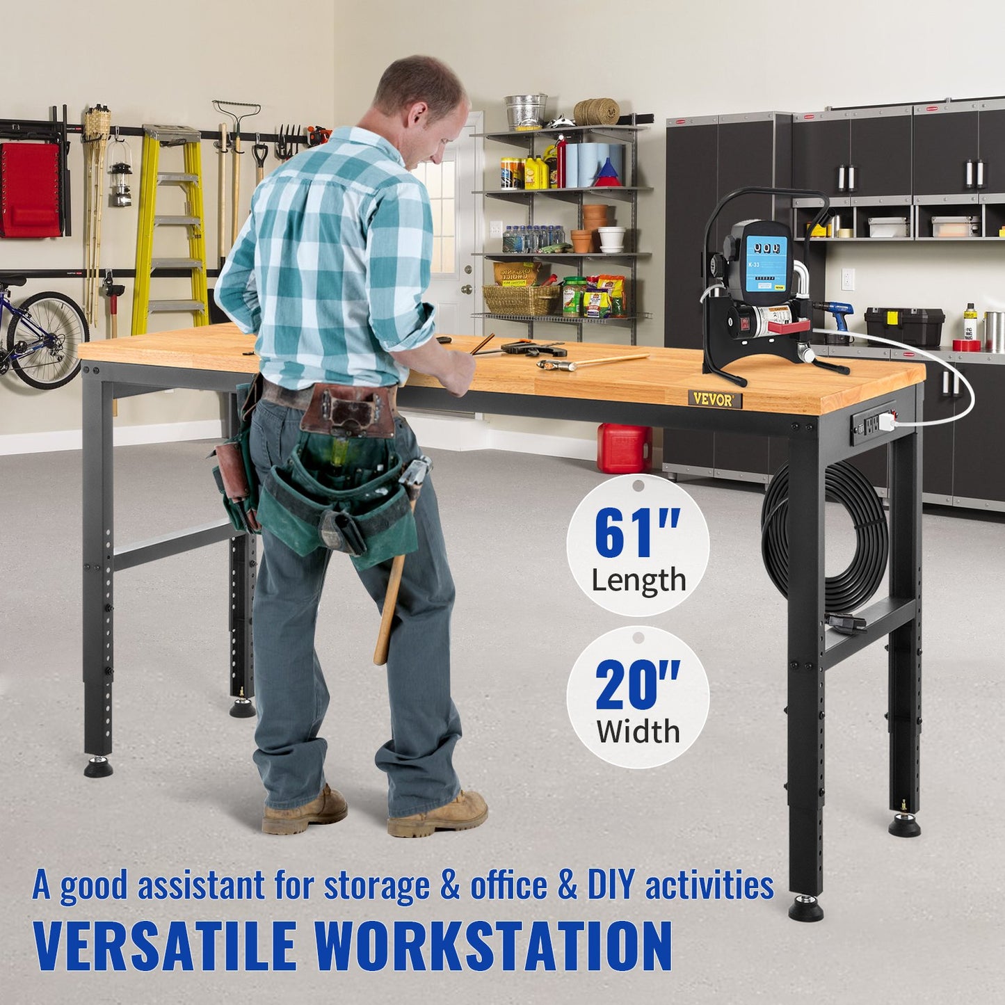 Arbetsbänk med justerbar höjd 61"L x 20"W Arbetsbänksbord med eluttag