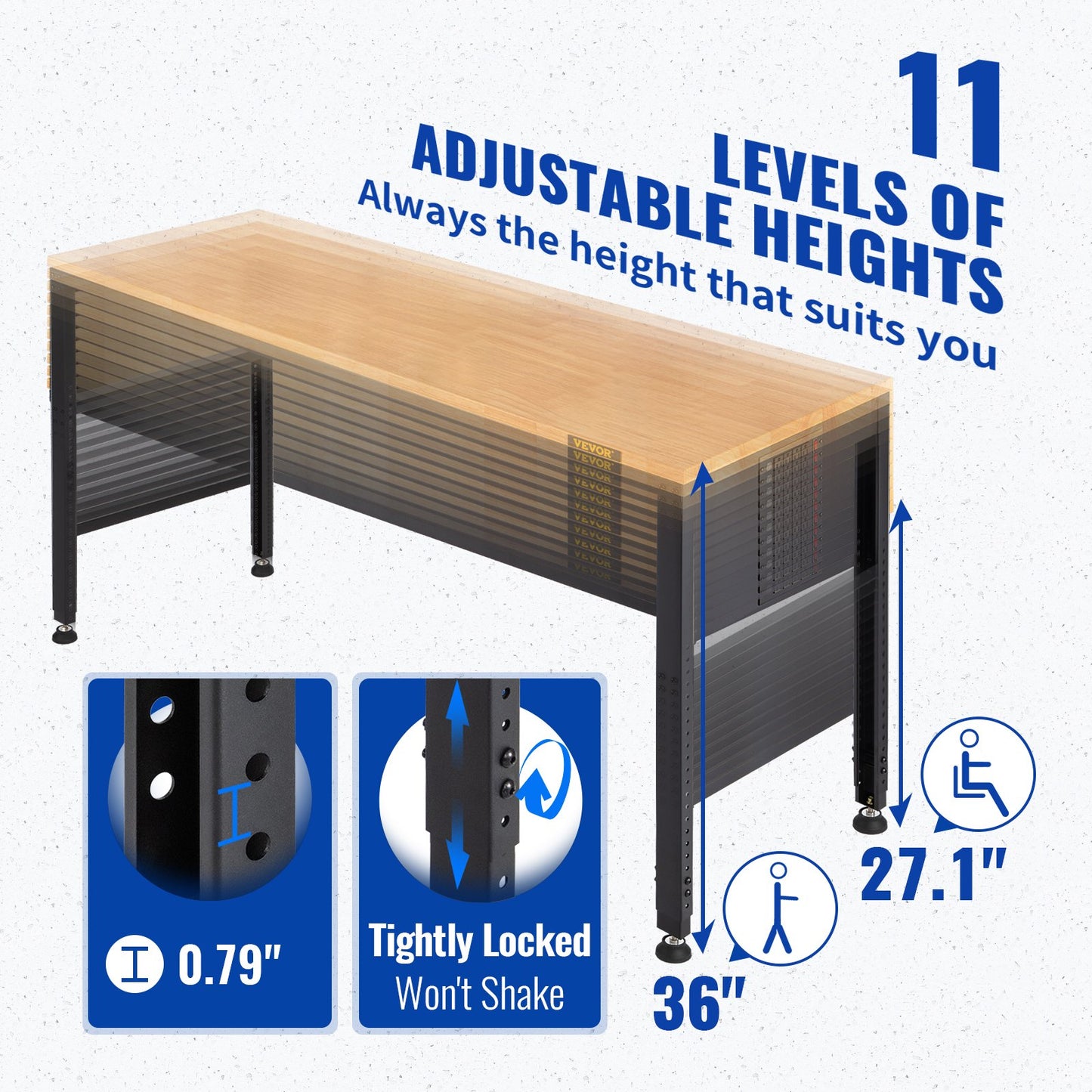Arbetsbänk med justerbar höjd 61"L x 20"W Arbetsbänksbord med eluttag