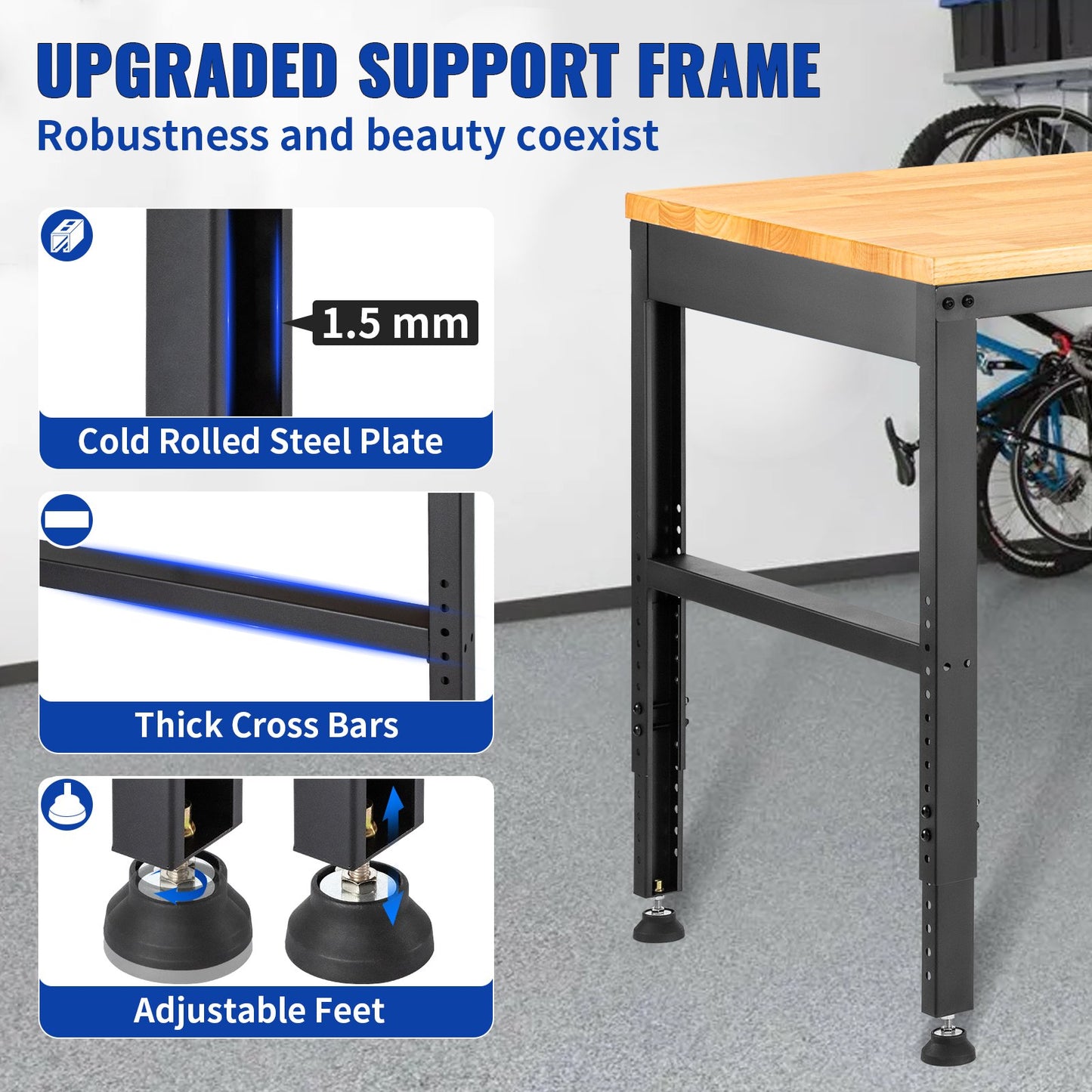 Arbetsbänk med justerbar höjd 61"L x 20"W Arbetsbänksbord med eluttag