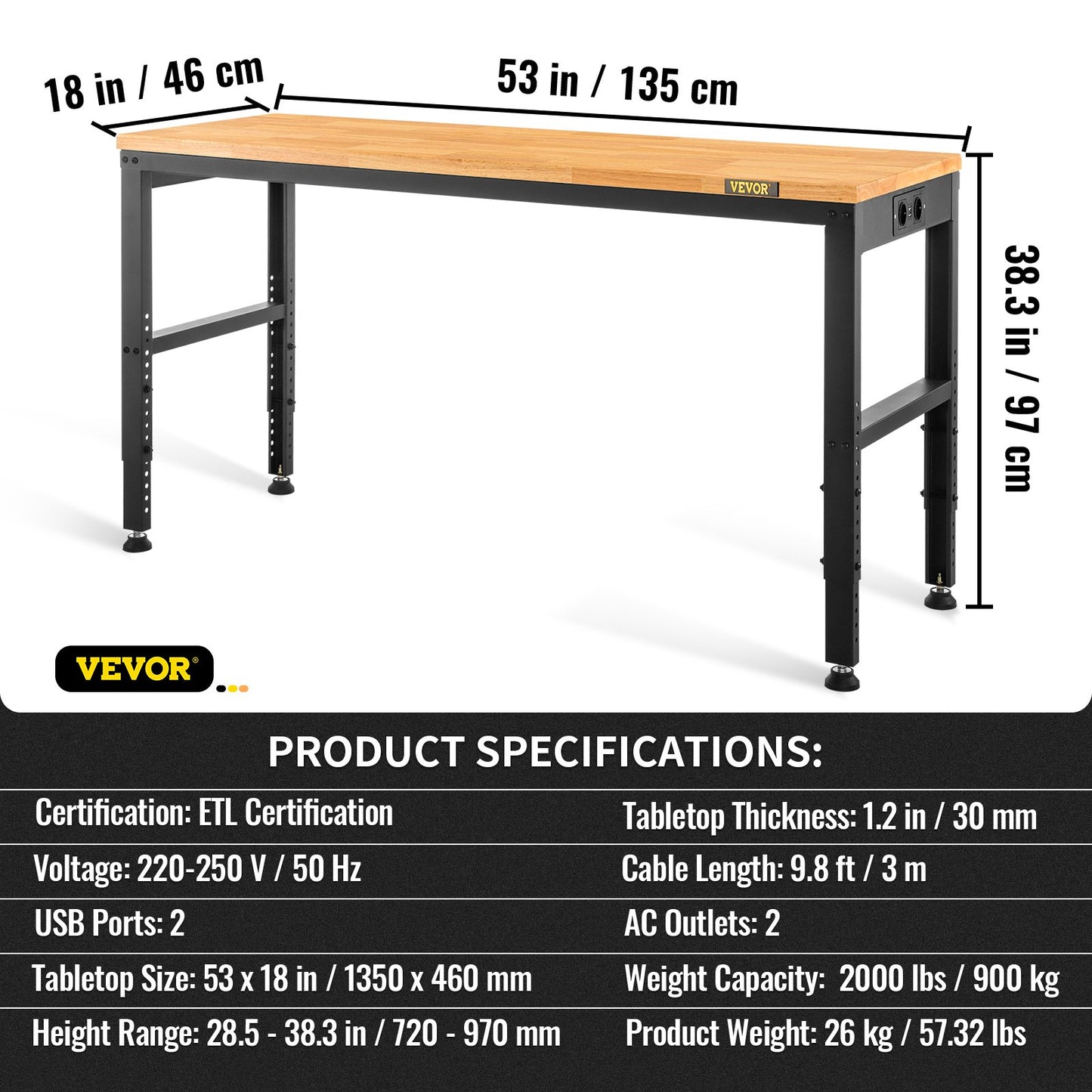 Werkbank, höhenverstellbar, 135 cm B x 46 cm T x 97 cm H. Garagentisch mit 72 – 97 cm Höhe und 900 kg Tragkraft, mit Steckdose und Hartholzplatte und Metallrahmen und Fußpolstern, für Büro und Zuhause