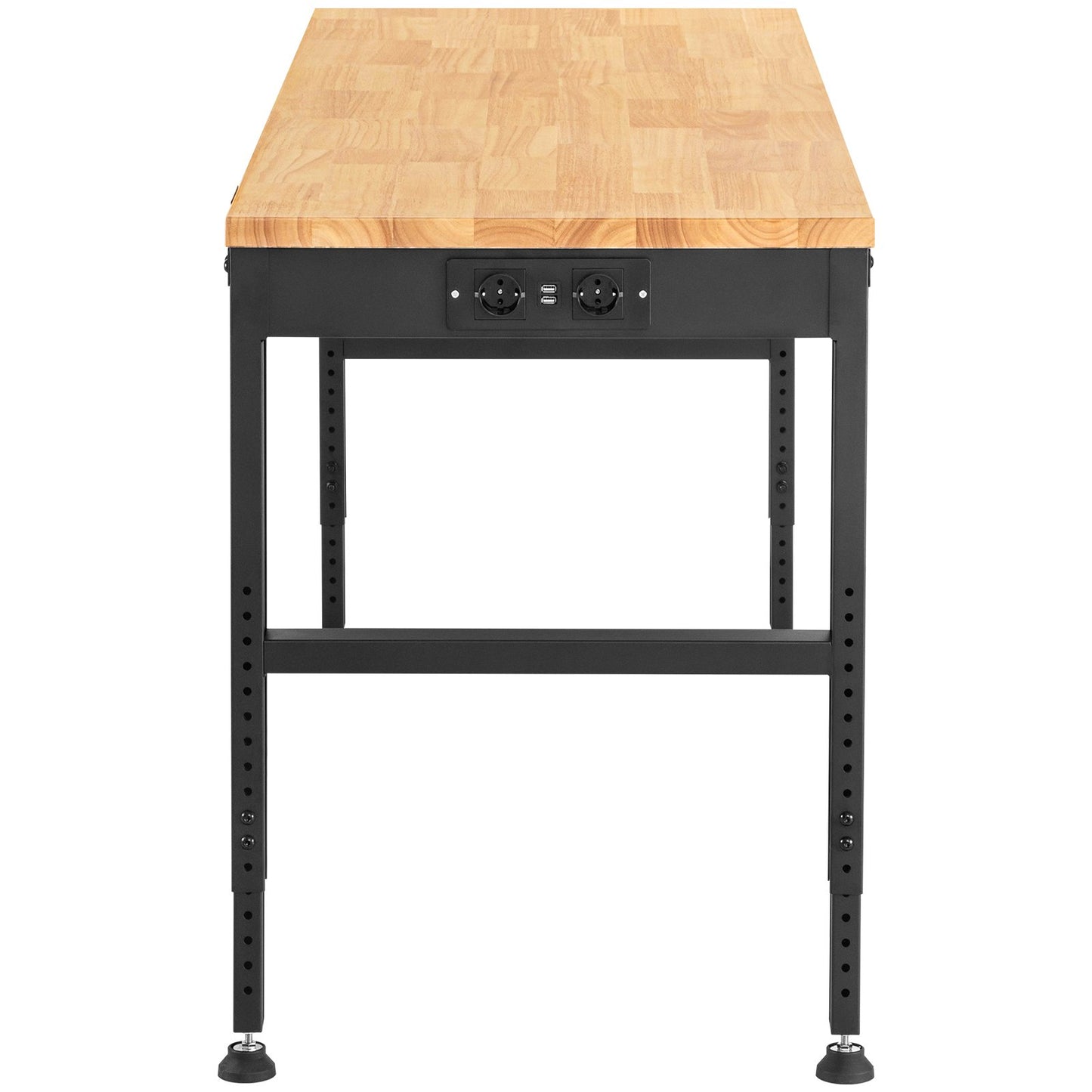 Werkbank, höhenverstellbar, 135 cm B x 46 cm T x 97 cm H. Garagentisch mit 72 – 97 cm Höhe und 900 kg Tragkraft, mit Steckdose und Hartholzplatte und Metallrahmen und Fußpolstern, für Büro und Zuhause