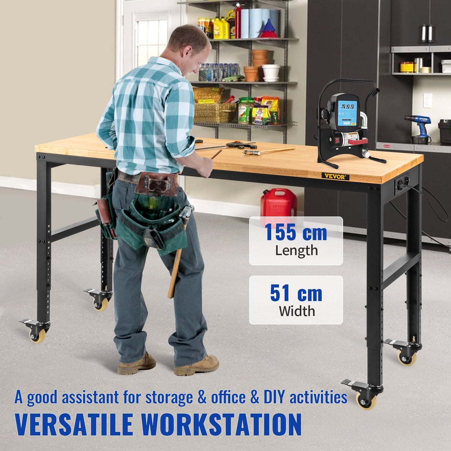 Arbetsbänk justerbar höjd, 155 x 51 cm garagebord med 80 – 105 cm höjder & 720 kg kapacitet, med eluttag & lövträskiva & metallram & svängbara hjul, för kontorshemverkstad