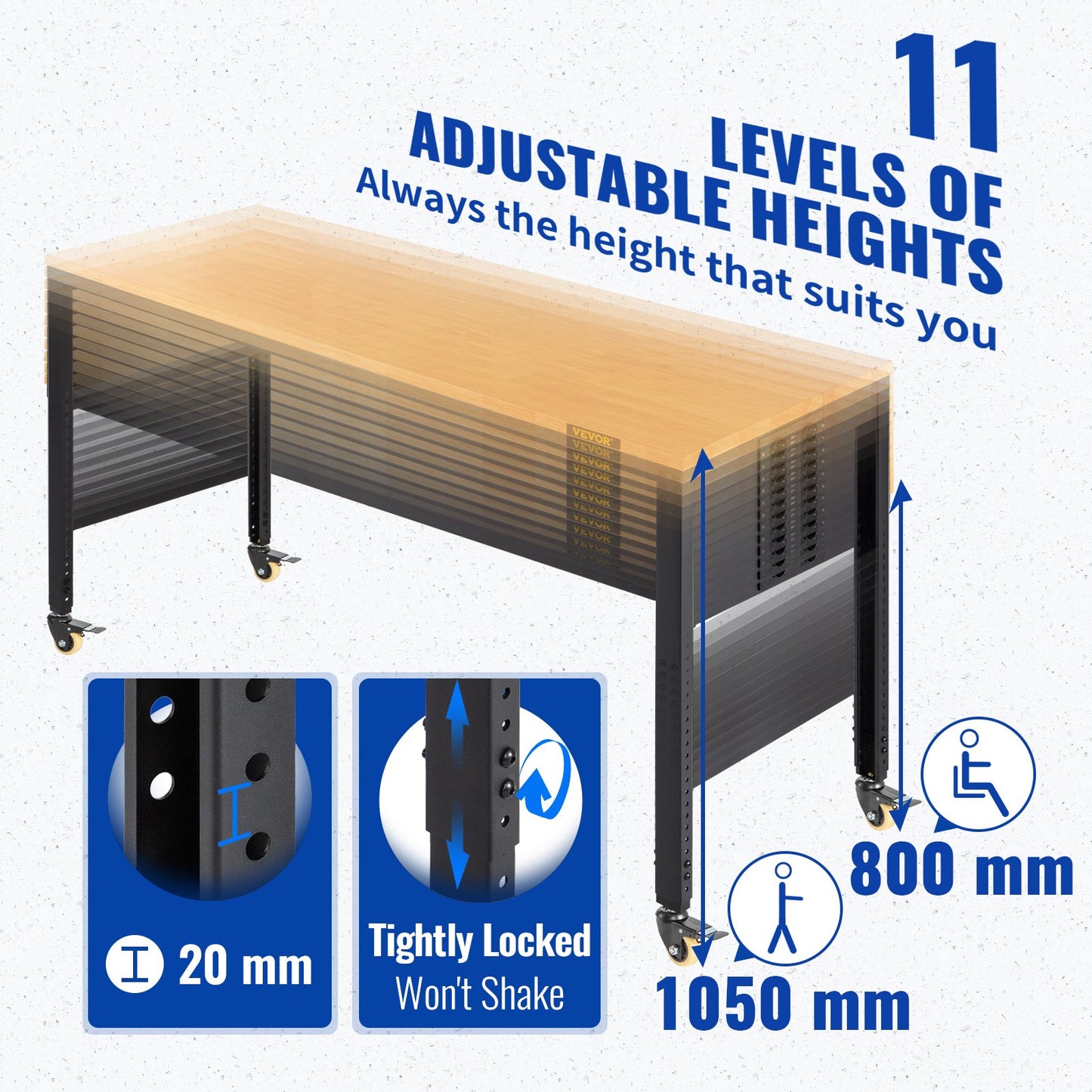 Arbetsbänk justerbar höjd, 155 x 51 cm garagebord med 80 – 105 cm höjder & 720 kg kapacitet, med eluttag & lövträskiva & metallram & svängbara hjul, för kontorshemverkstad