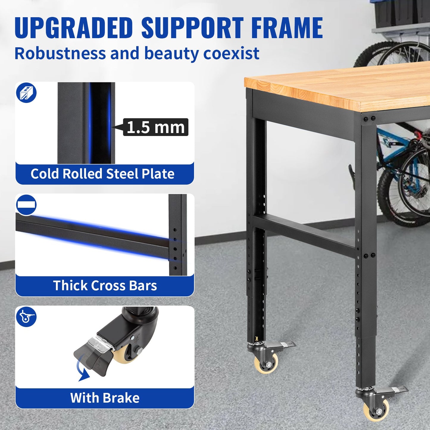 Arbetsbänk justerbar höjd, 155 x 51 cm garagebord med 80 – 105 cm höjder & 720 kg kapacitet, med eluttag & lövträskiva & metallram & svängbara hjul, för kontorshemverkstad