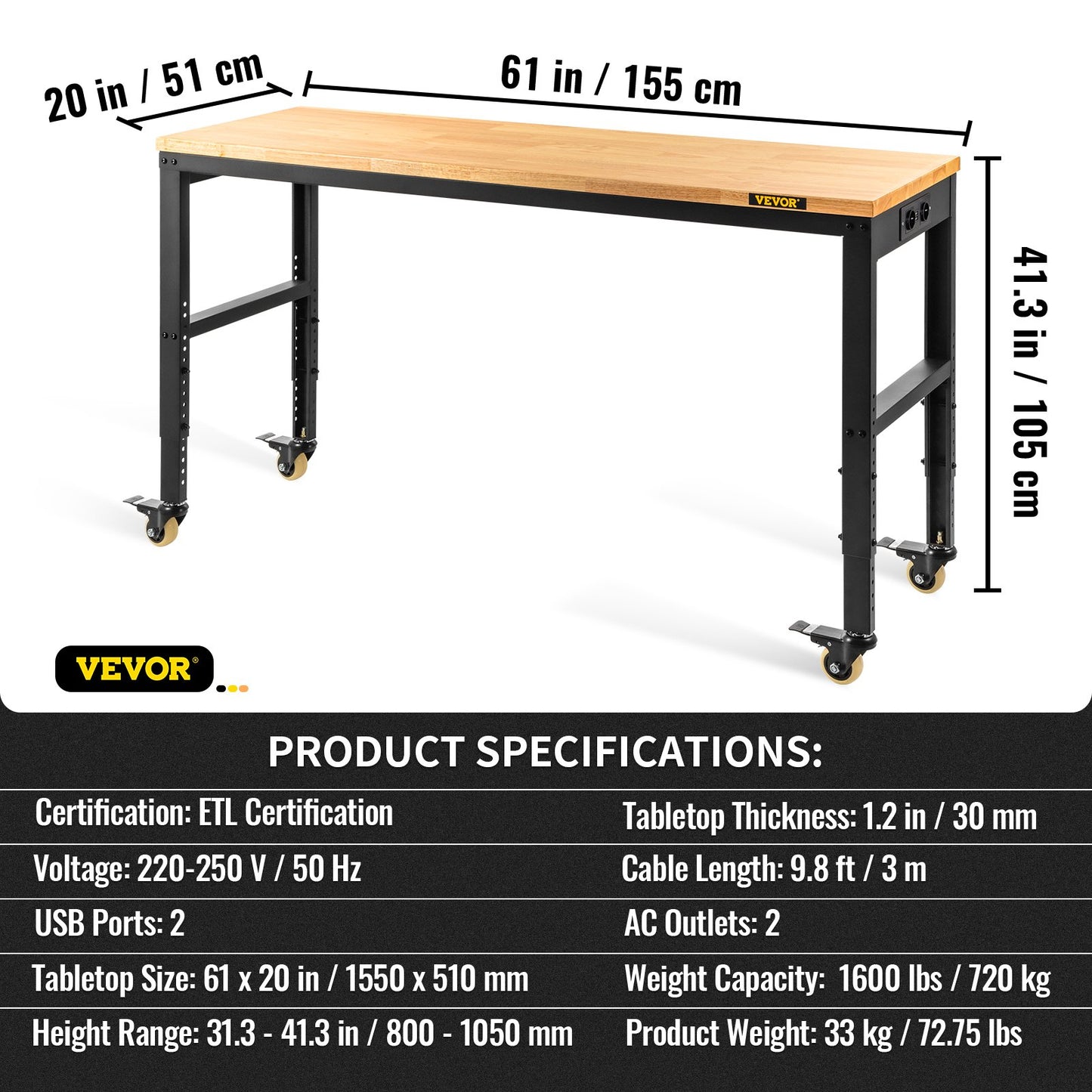 Arbetsbänk justerbar höjd, 155 x 51 cm garagebord med 80 – 105 cm höjder & 720 kg kapacitet, med eluttag & lövträskiva & metallram & svängbara hjul, för kontorshemverkstad
