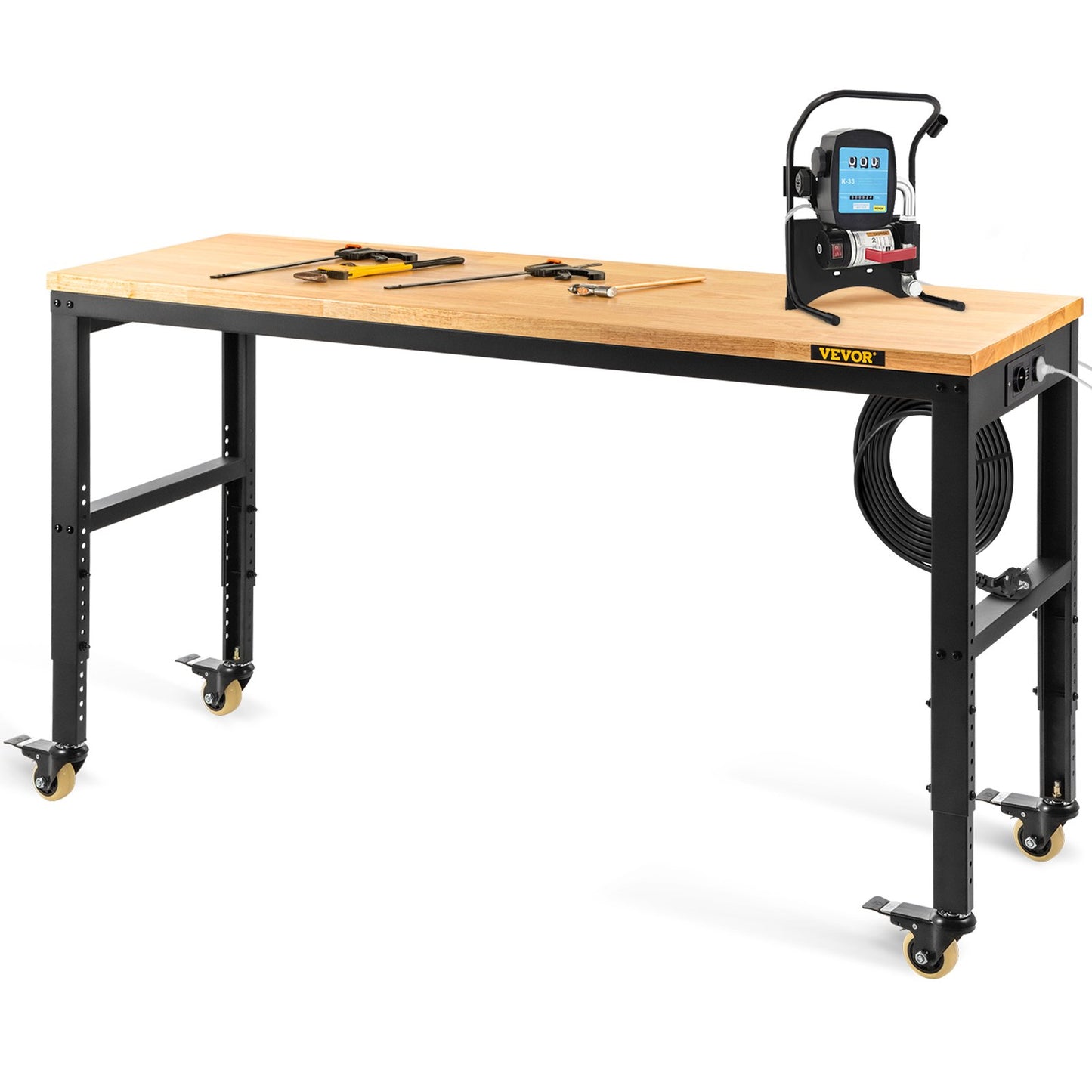Arbetsbänk justerbar höjd, 155 x 51 cm garagebord med 80 – 105 cm höjder & 720 kg kapacitet, med eluttag & lövträskiva & metallram & svängbara hjul, för kontorshemverkstad