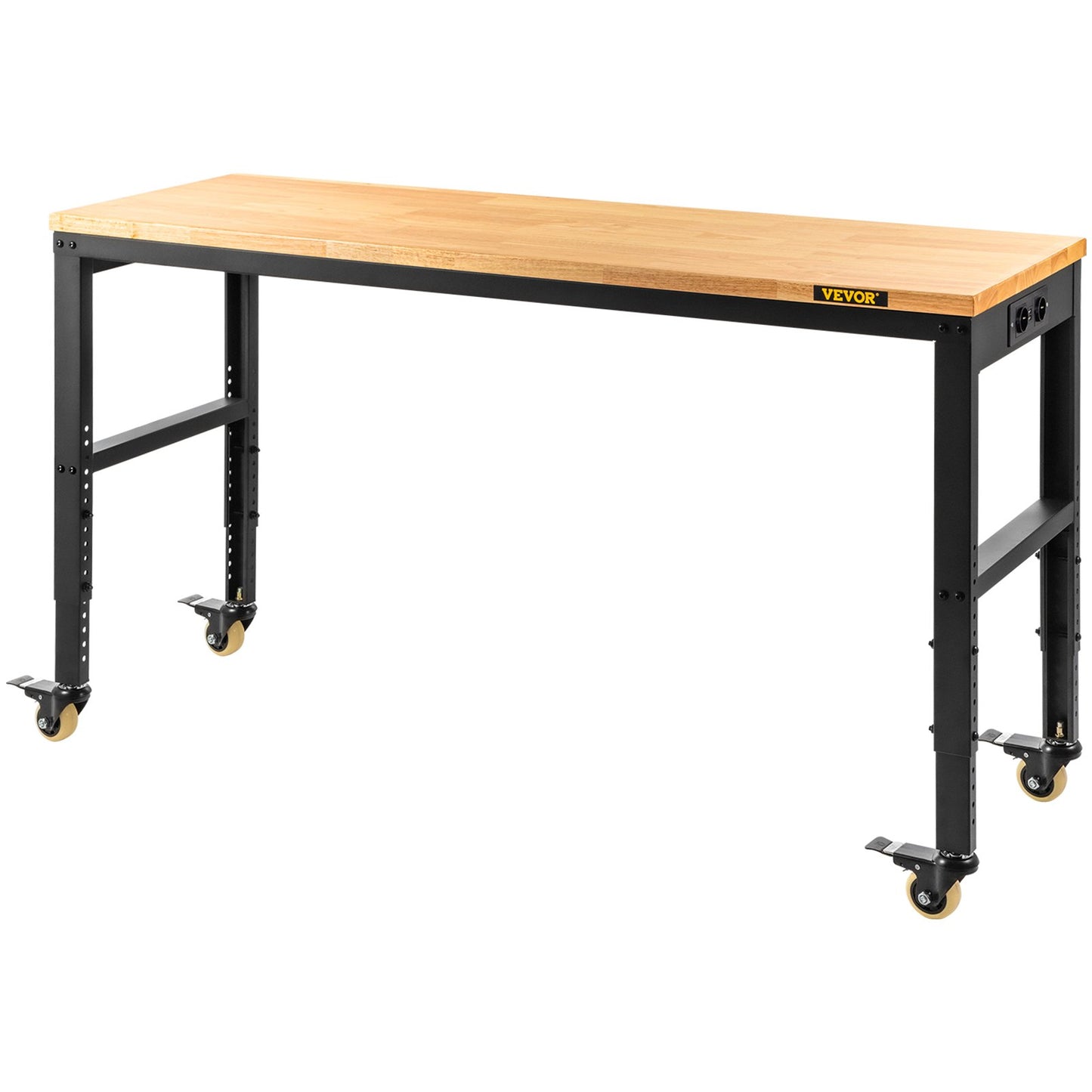 Arbetsbänk justerbar höjd, 155 x 51 cm garagebord med 80 – 105 cm höjder & 720 kg kapacitet, med eluttag & lövträskiva & metallram & svängbara hjul, för kontorshemverkstad
