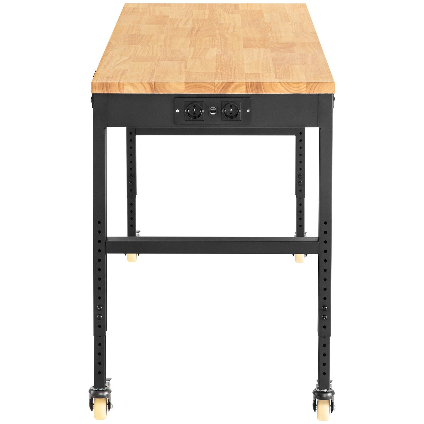 Arbetsbänk justerbar höjd, 155 x 51 cm garagebord med 80 – 105 cm höjder & 720 kg kapacitet, med eluttag & lövträskiva & metallram & svängbara hjul, för kontorshemverkstad