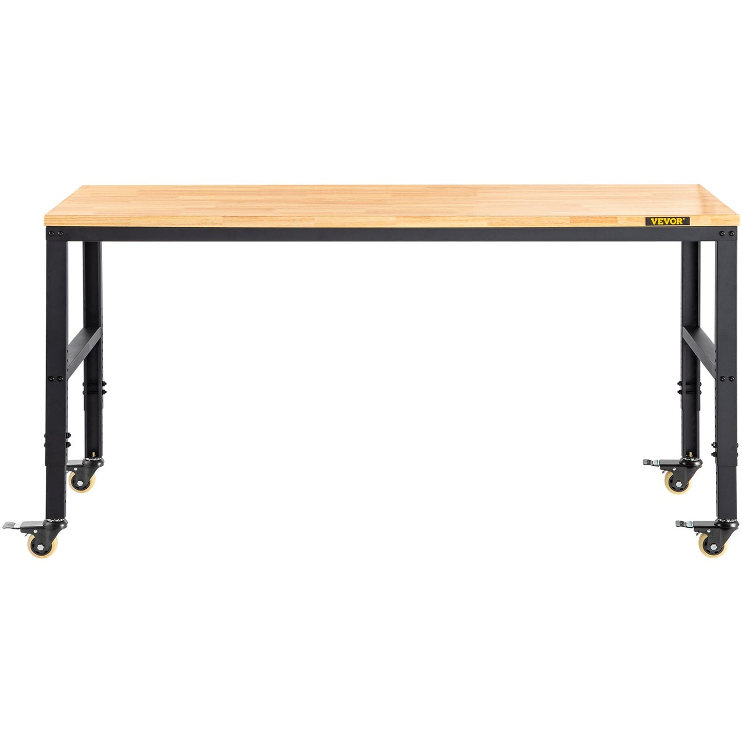 Arbetsbänk justerbar höjd, 155 x 51 cm garagebord med 80 – 105 cm höjder & 720 kg kapacitet, med eluttag & lövträskiva & metallram & svängbara hjul, för kontorshemverkstad