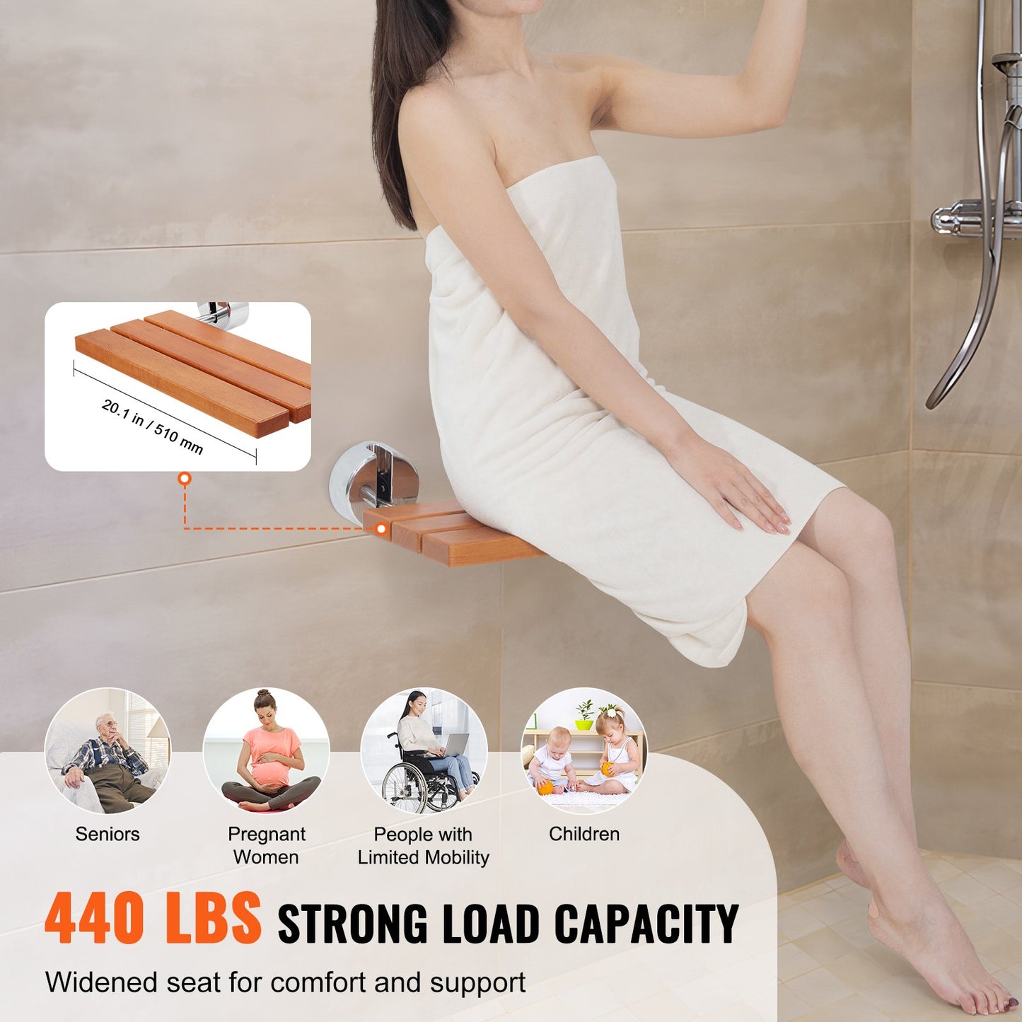 Folding Teak Shower Seat 20.1" x 13.2" Wall Mounted Shower Bench 440 lbs