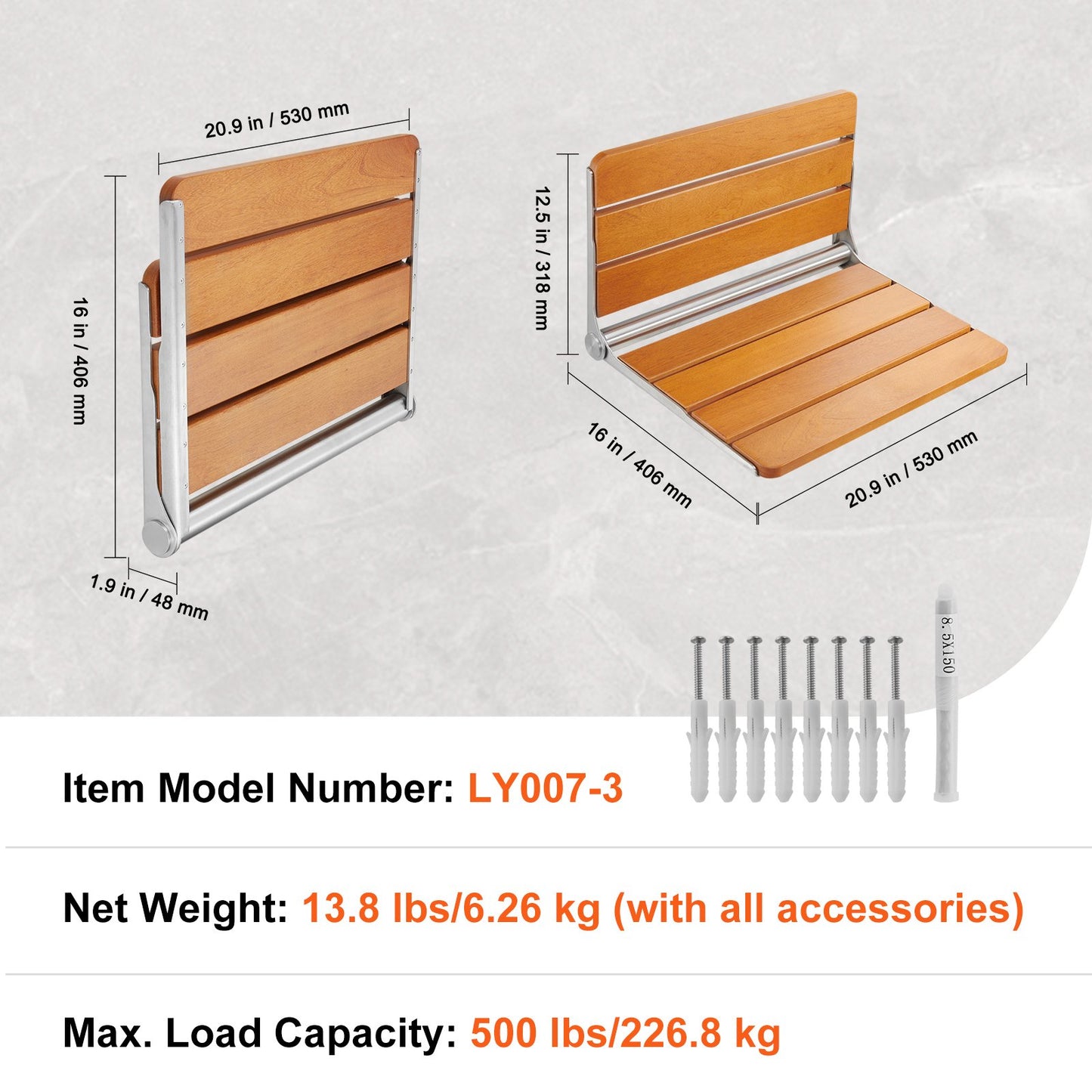 Folding Teak Shower Seat 20.9'' x 16'' Wall Mounted Shower Bench 500 lbs