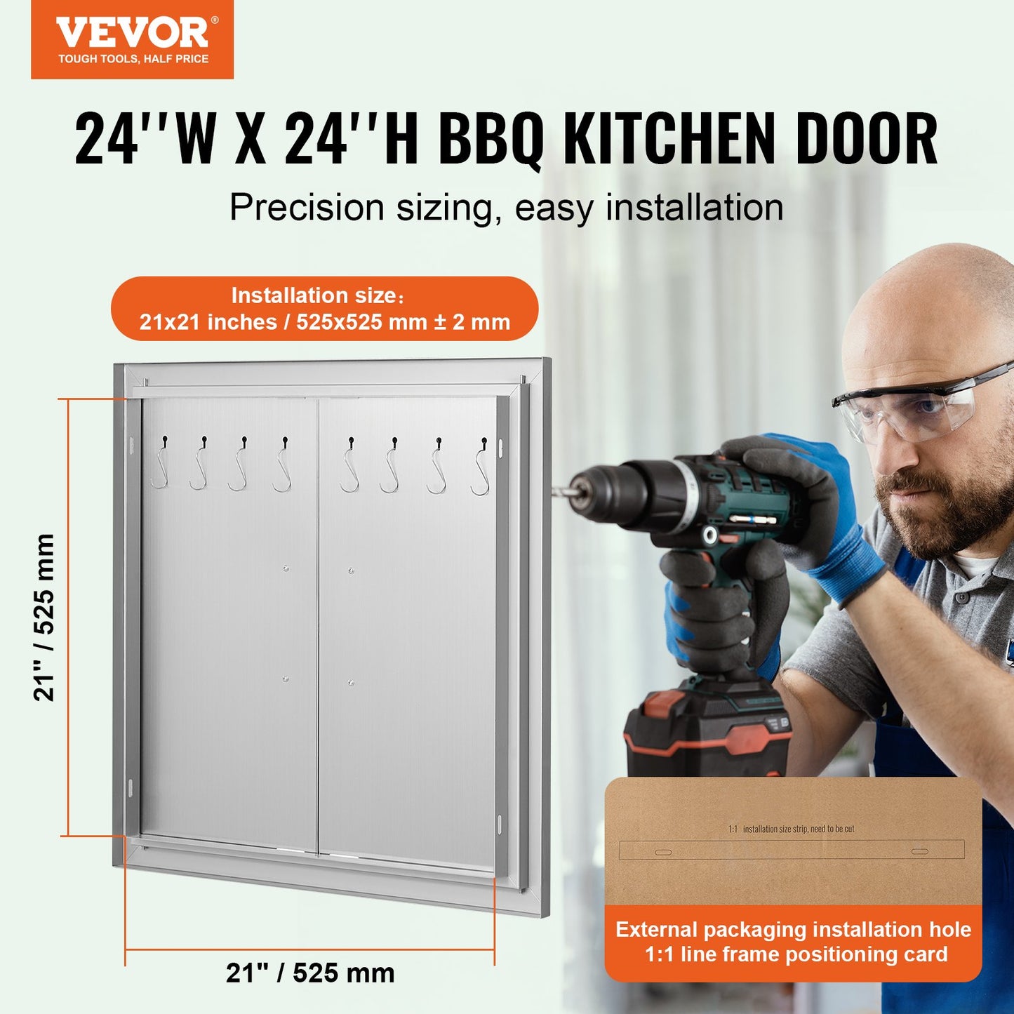 BBQ Access-dörr, 610x610 mm dubbel utomhusköksdörr, infälld dörr i rostfritt stål, dubbelvägg vertikal dörr med handtag och krokar, för BBQ Island, grillstation, ytterskåp