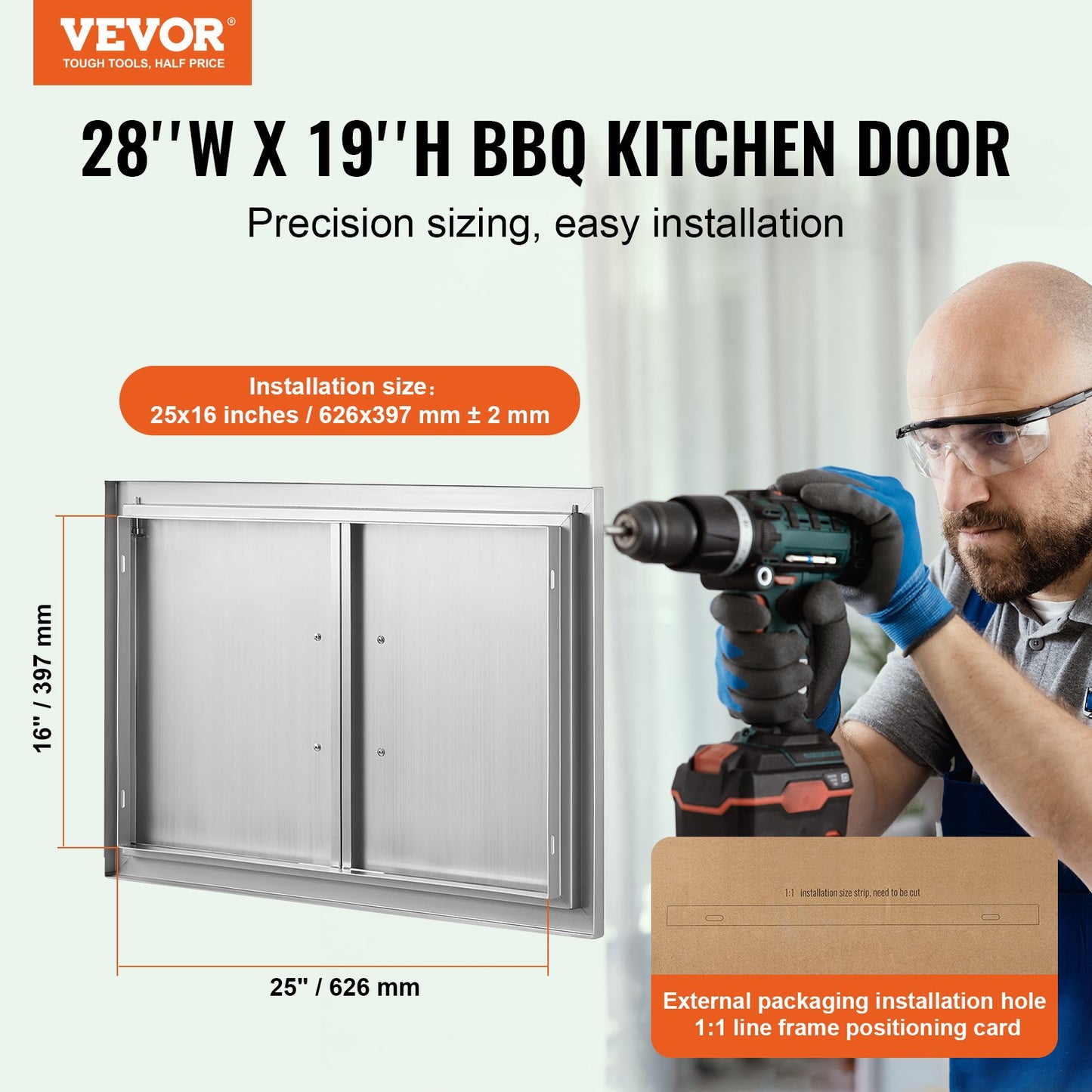BBQ Access-dörr, 711x482 mm dubbel utomhusköksdörr, infälld dörr i rostfritt stål, vertikal väggdörr med handtag, för BBQ Island, grillstation, ytterskåp