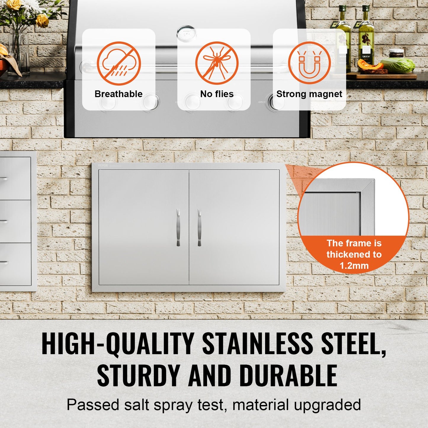 BBQ access door, 838x558 mm double outdoor kitchen door, stainless steel recessed door, vertical wall door with handle, for BBQ Island, grill station, outdoor cabinet