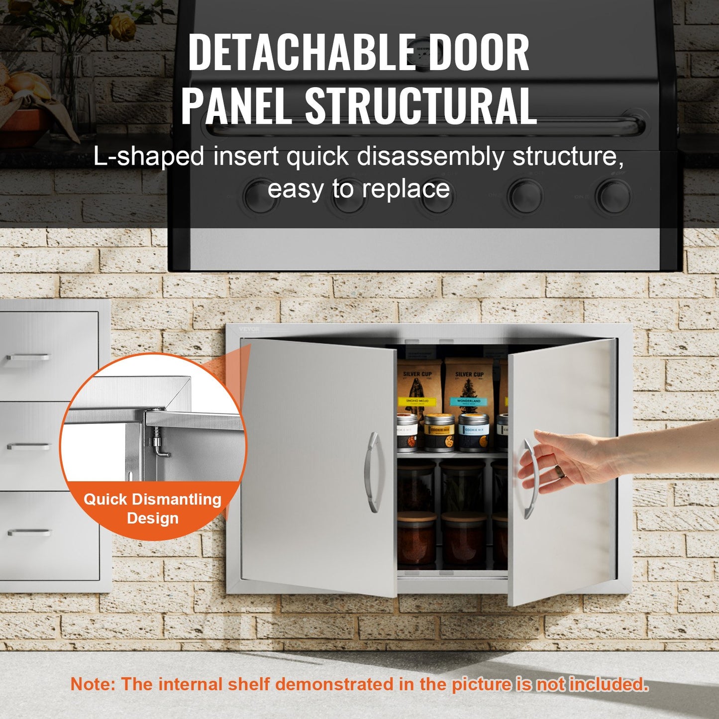 BBQ access door, 838x558 mm double outdoor kitchen door, stainless steel recessed door, vertical wall door with handle, for BBQ Island, grill station, outdoor cabinet