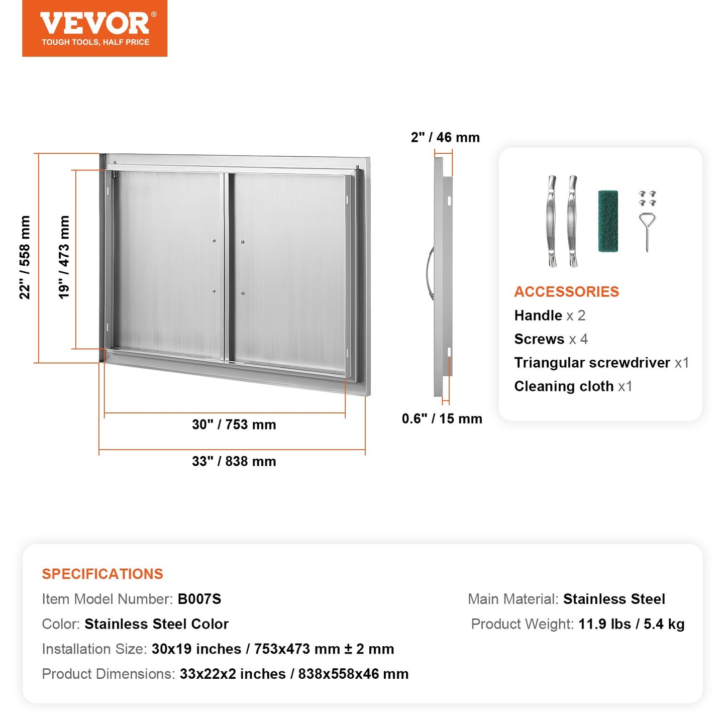BBQ access door, 838x558 mm double outdoor kitchen door, stainless steel recessed door, vertical wall door with handle, for BBQ Island, grill station, outdoor cabinet