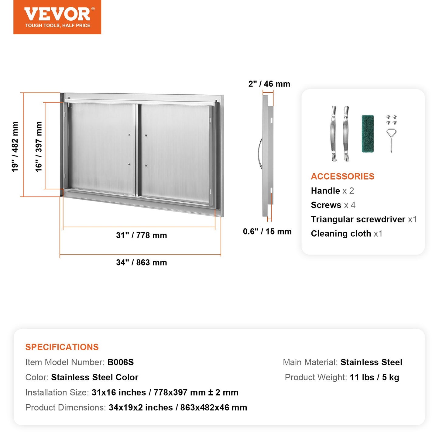 BBQ-åtkomstdörr, 863x482 mm dubbel utomhusköksdörr, infälld dörr i rostfritt stål, vertikal väggdörr med handtag, för BBQ Island, grillstation, ytterskåp