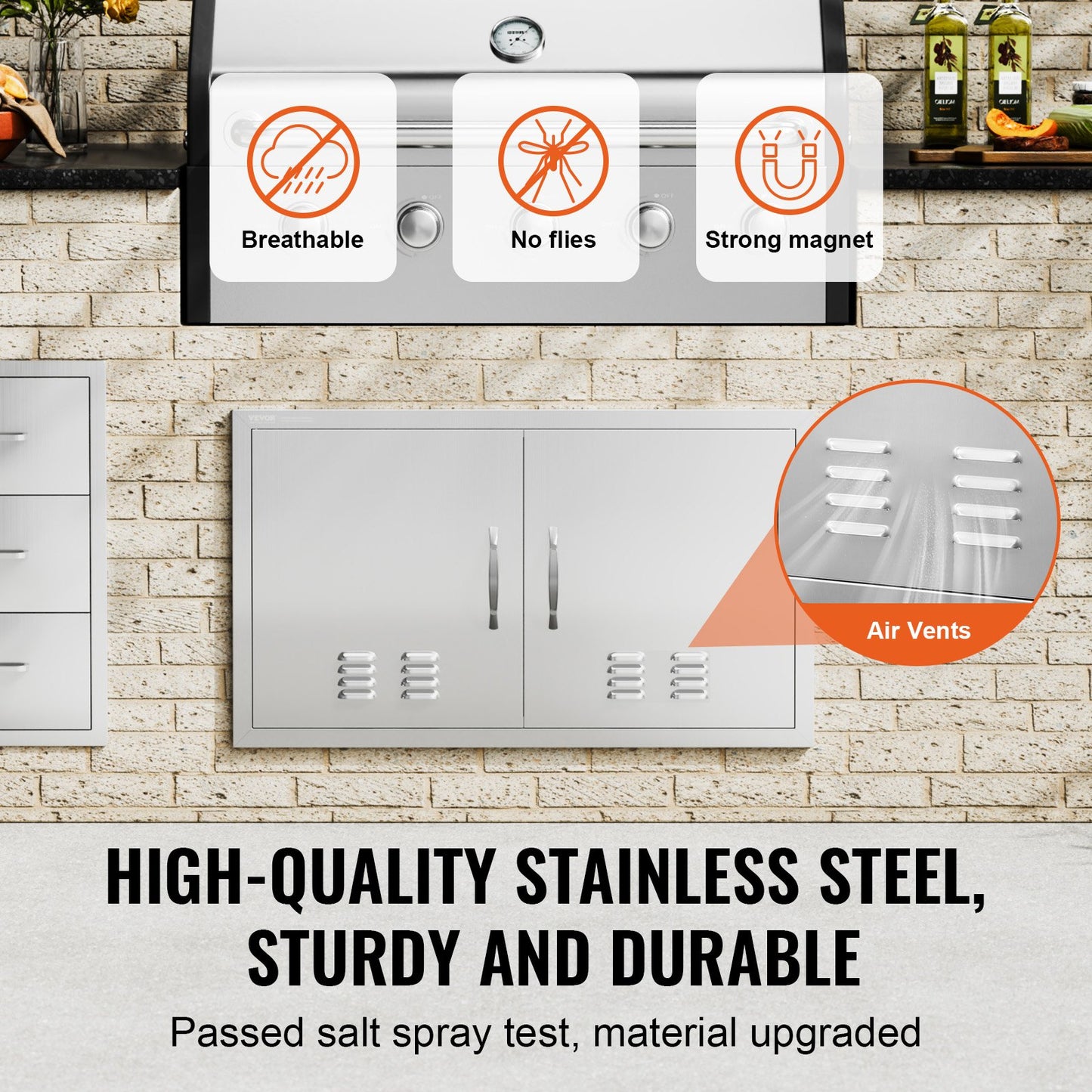 BBQ access door, 914x534 mm double outdoor kitchen door, stainless steel recessed door, vertical wall door with handle and vents, for BBQ Island, grill station, outdoor cabinet
