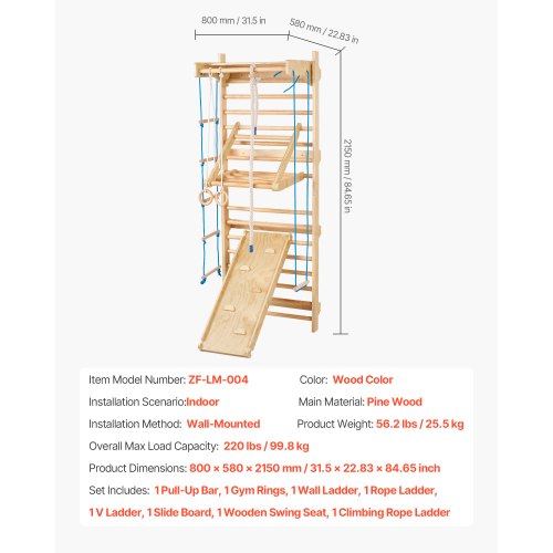 Svenskt Stege Vägggym, 8-i-1 15 nivåer massivt trä inomhus klättergym, 220lbs väggbåsstänger klätterlekset med väggstege, glidbräda, pull-up-stång, gymringar, gungstol, repstege | EU